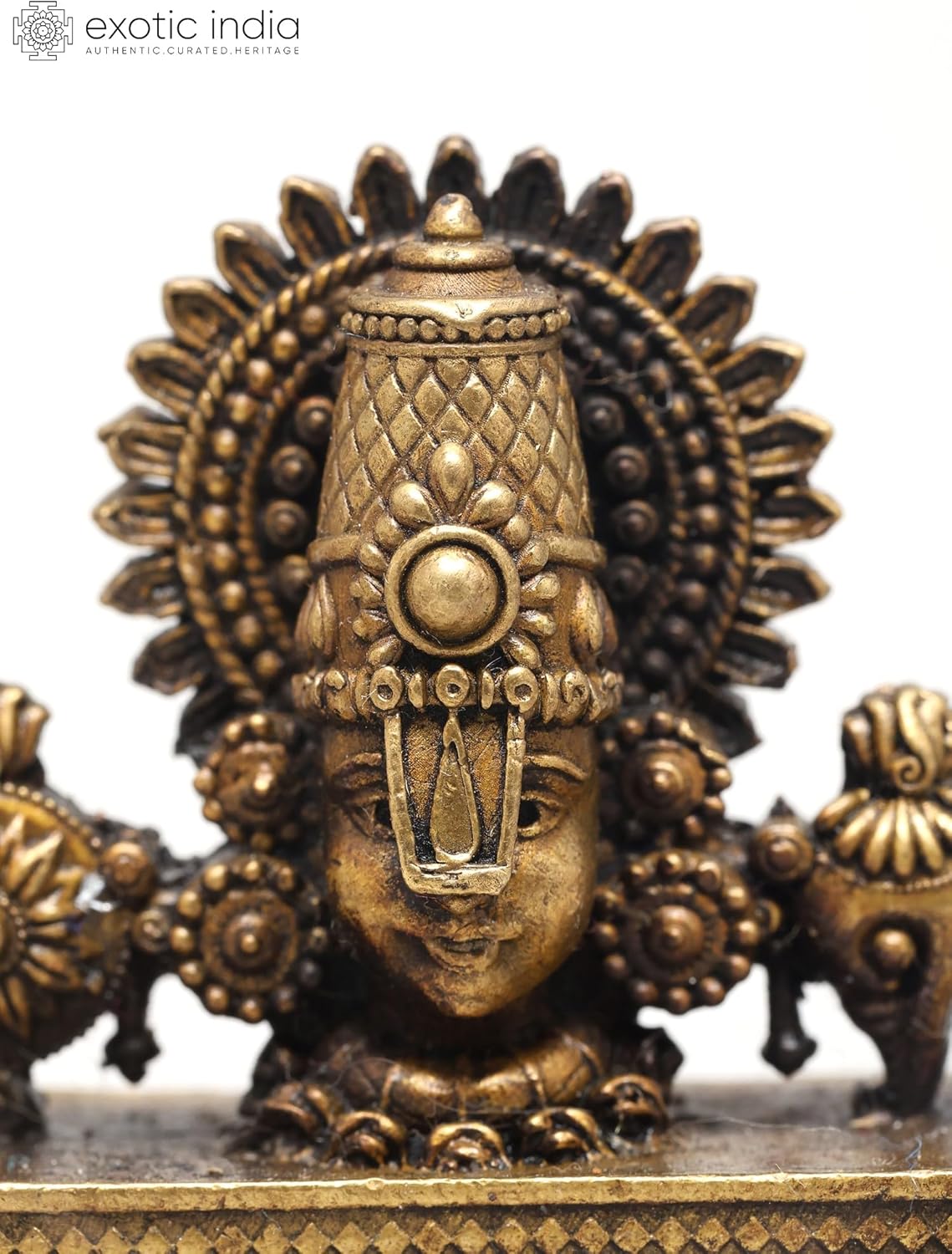 Exotic India 2" Small Superfine Tirupati Balaji Bust Lord Venkateswara Panchadhatu Idol with Shankha Chakra Symbols Pooja Statue