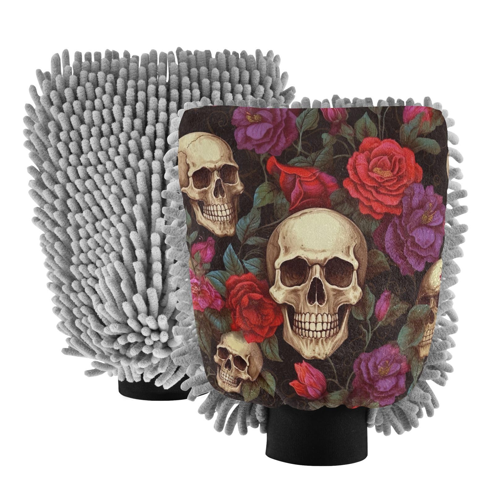 Flradish 2 Pack Skull Rose Car Wash Mitt Chenille Microfiber Lint-Free Scratch Free Ultra-Soft Absorbent Car Wash Mitt 10.2x7.09 Inch