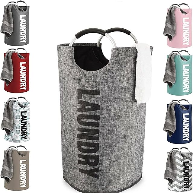 Large High Grade Plastic Laundry Basket With Handles, Hipster Style Washing Linen Laundry Basket Hamper For Drying Clothes Nursery & Home Organisation (Grey Laundry Bag - 31x59cm)