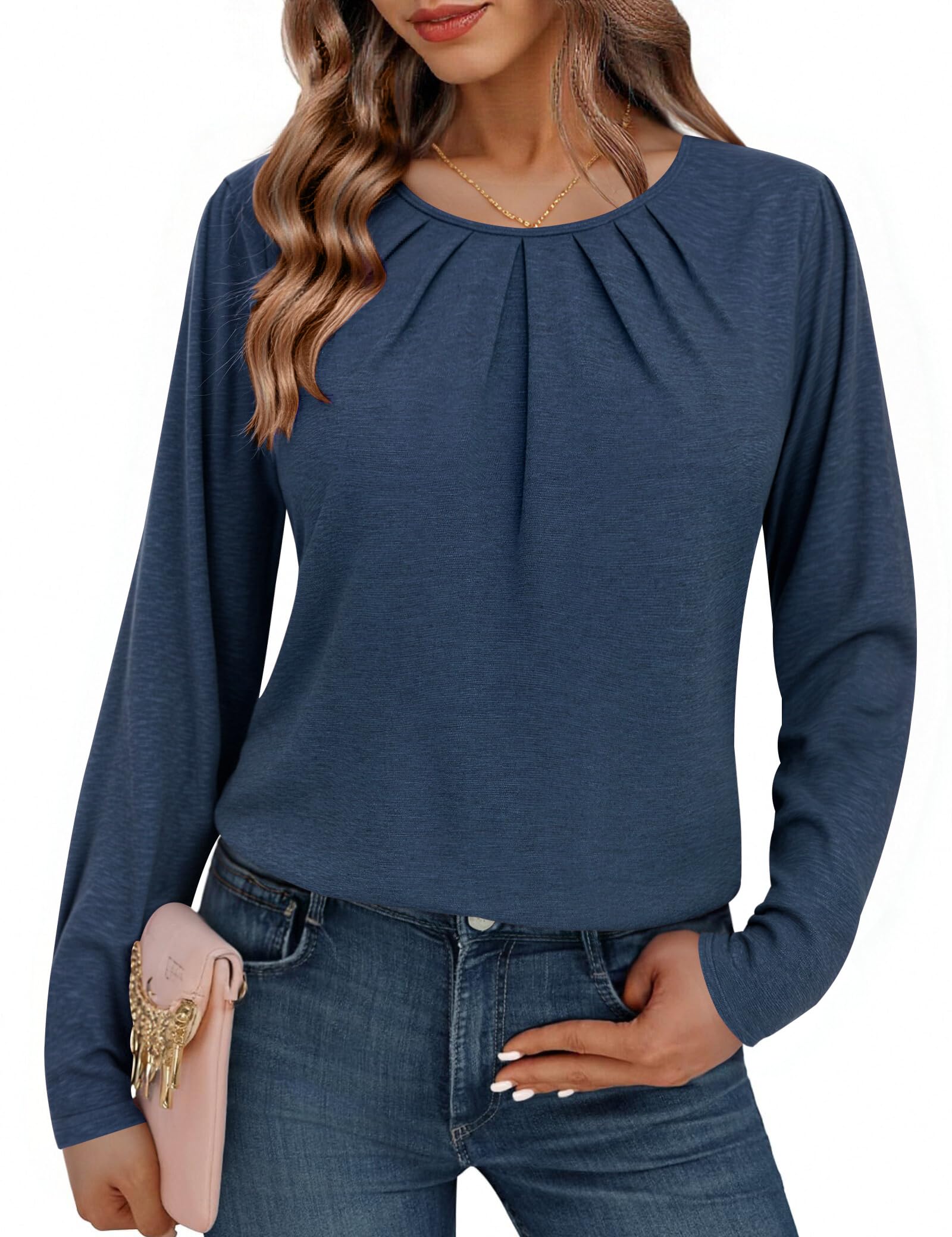 Totatuit Langarmshirt Damen Rundhals Longshirt Solide Bluse Elegant Basic T-Shirt Lässig Oberteile mit Raffung für Frühling Herbst