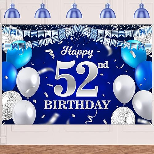 Vista 63 de Cartel de feliz cumpleaños número 33, globos azul marino, confeti, bandera a rayas, puntos de luz, saludos a 33 años, decoración temática