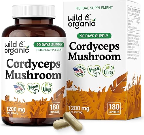 Wild & Organic Cordyceps Cápsulas de 1200 mg - Apoyo inmunológico - Suplemento en polvo de hongos Cordyceps - Extracto de micelio puro - Vegano, sin