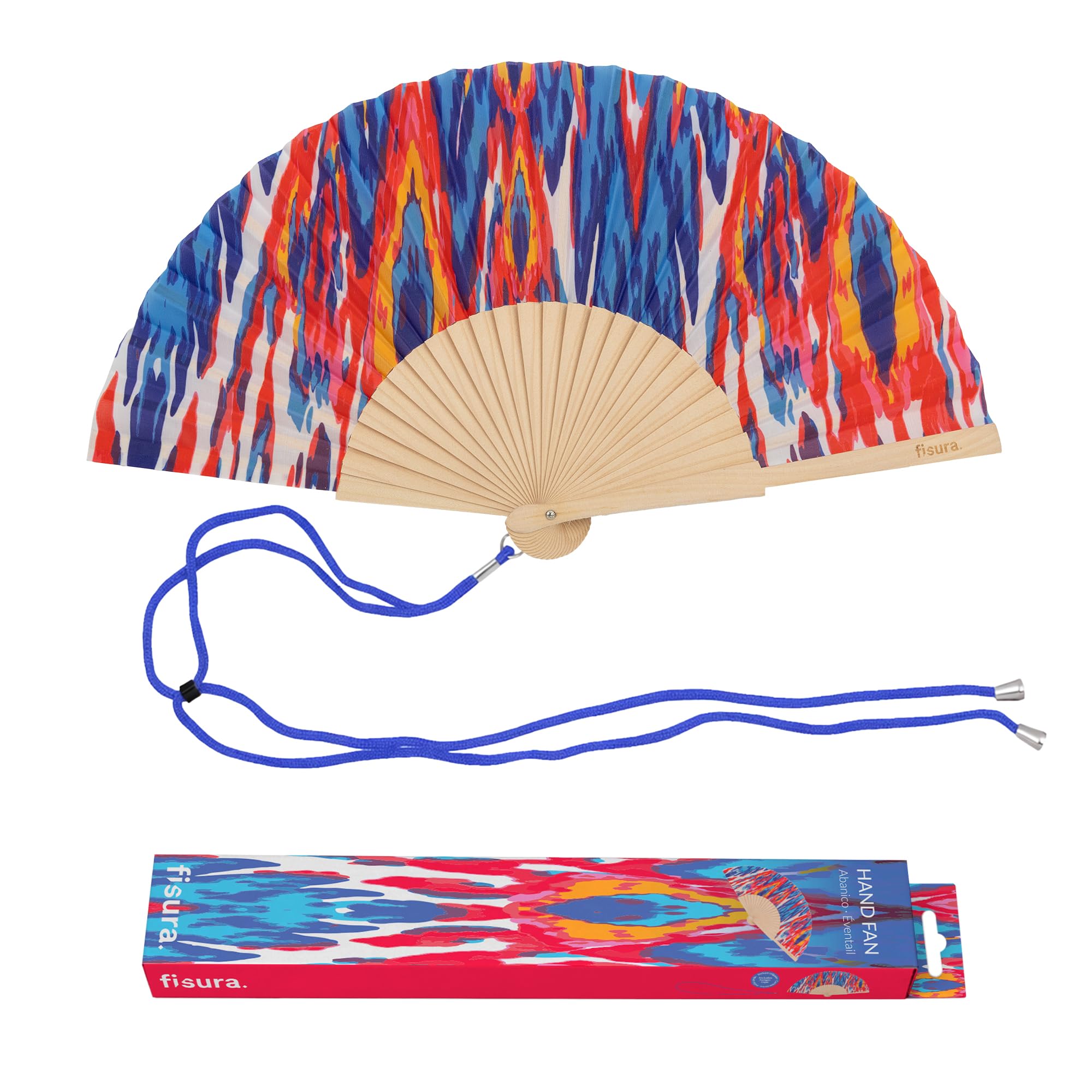 Fisura – Original Tropical Print Folding Fan, Modern and Colourful Folding Handheld Fan, Multicolour Design for Wedding, Rave, Festival - Includes Strap. Size: 42.5 x 23 cm