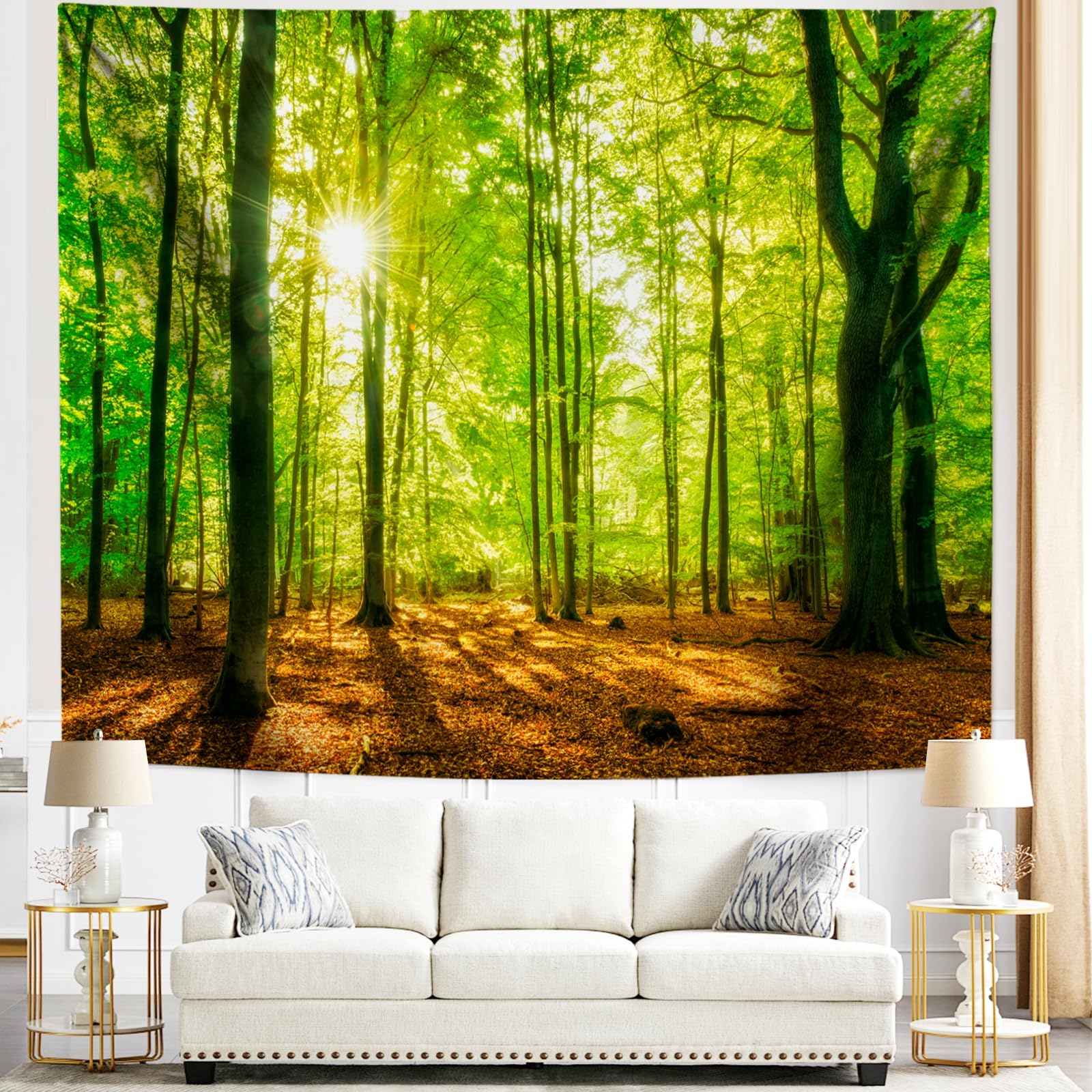 Lirzxin Tenture Murale XXL, Tapisserie Murale Jaune Vert Marron Arbre Nature Paysage Forêt Ensoleillé Tapisseries Décoration pour Chambre Salon Dortoir, 350x256 CM