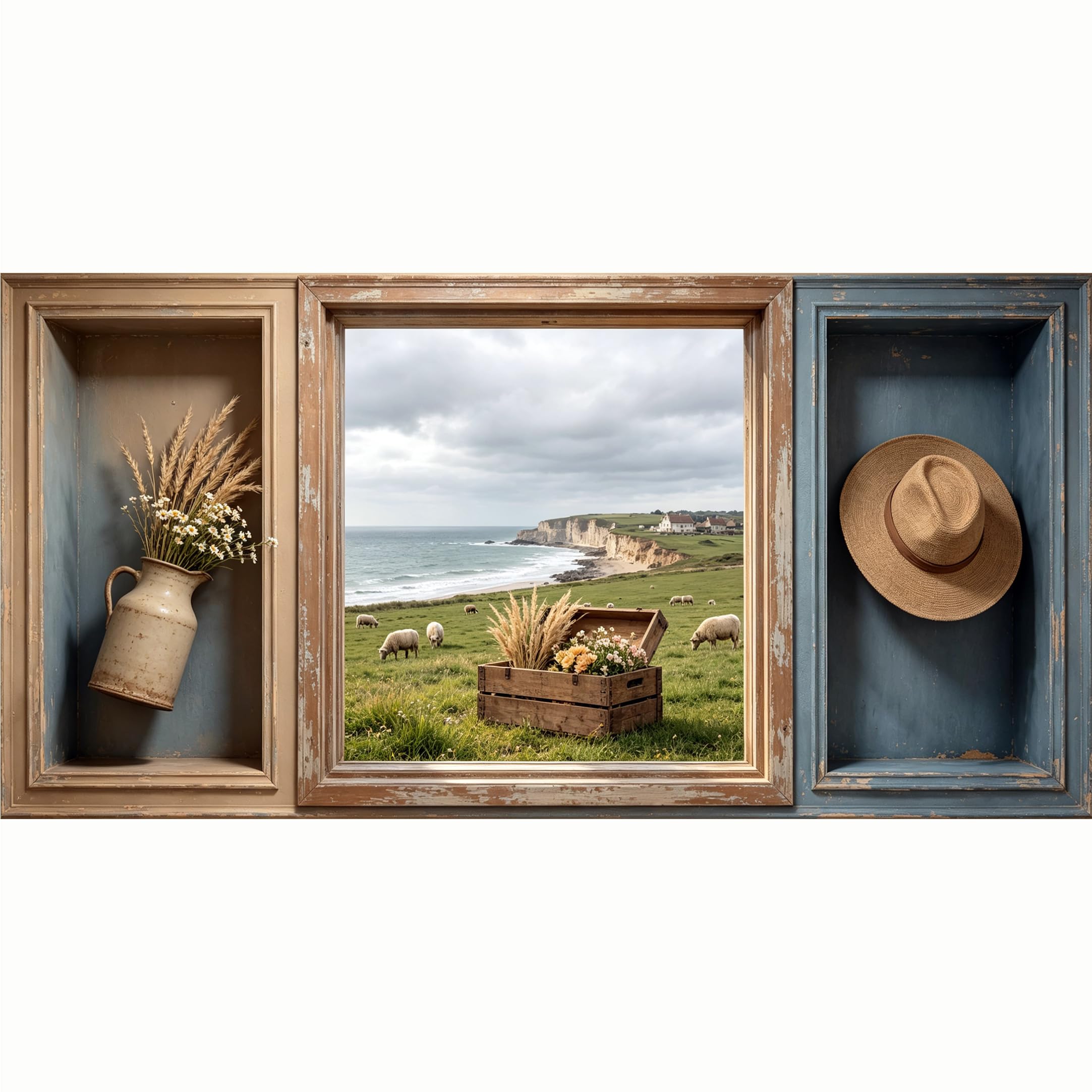 QZLITHOTIC 50x100cm 3D Framed Wall Art， Coastal Sheep Pasture Farmhouse Mural， WaterActivated Peel & Stick Fabric Decor Wall Decal for Bedroom Living Room， Scenic Ocean Landscape