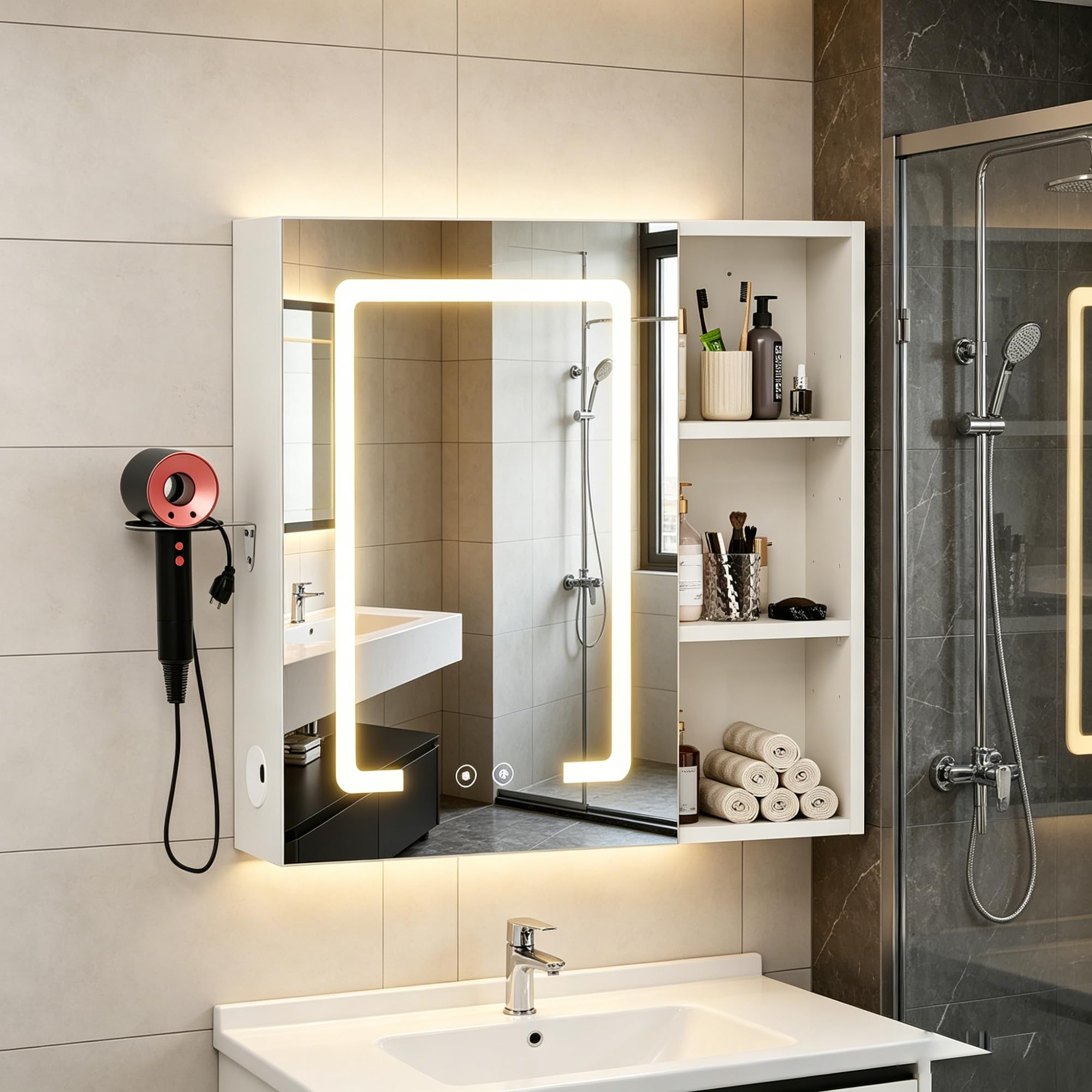Armario Baño con Espejo LED iluminación y Función de desempañadora Armario Baño Espejo de Pared con 3 Estanteria Ajustables y Soporte para Secador de Pelo 60x60x15 cm Blanco