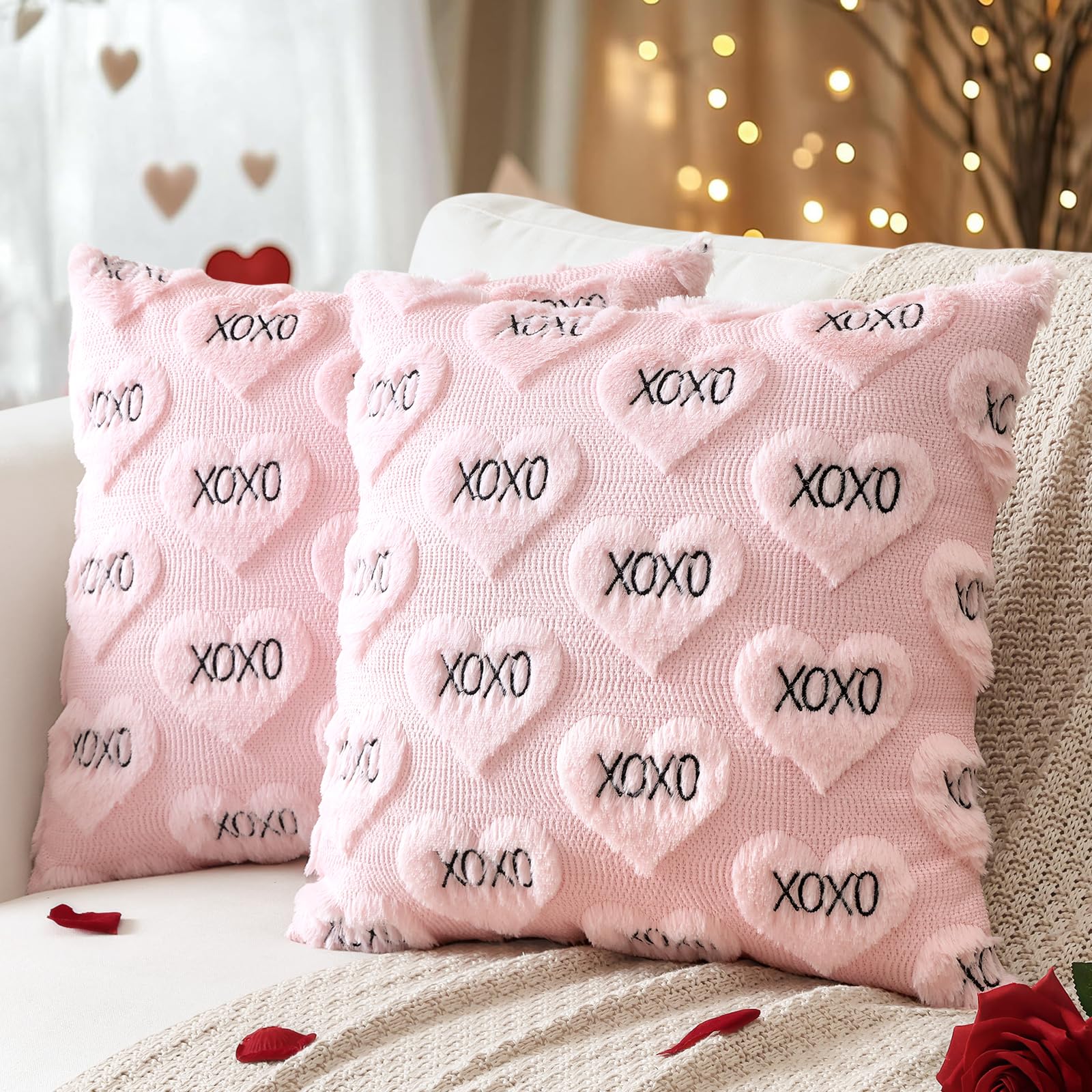 Artscope Valentines Pillow Covers 18x18 Set of 2 Decorative Love Heart XOXO Valentine's Day Throw Pillow Cases Soft Plush Faux Fur Couch Cushion Case for Holiday Sofa Bed Room Home Decor-Pink XOXO