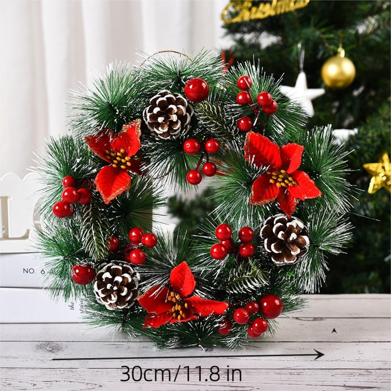 Toyvian – Couronne De Noël Rouge à Suspendre – Décorée De Pommes De Pin Et Nœud, Parfaite Pour La Porte Ou Le Mur