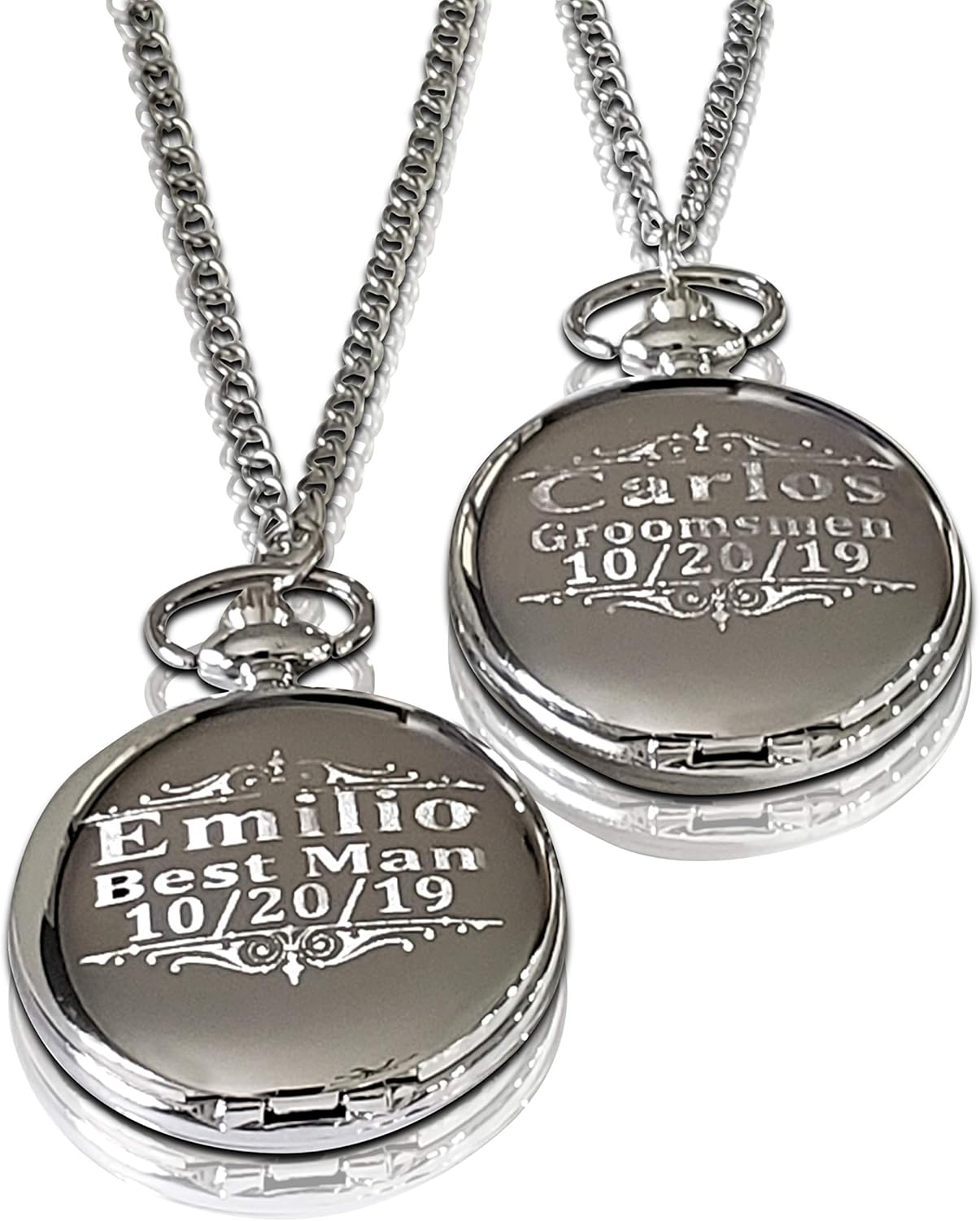 Personalized Pocket Watch - Engraved Wedding Gifts - Chain, Box and Engraving Included, Comes in 4 Colors - Custom Engraved (Silver)
