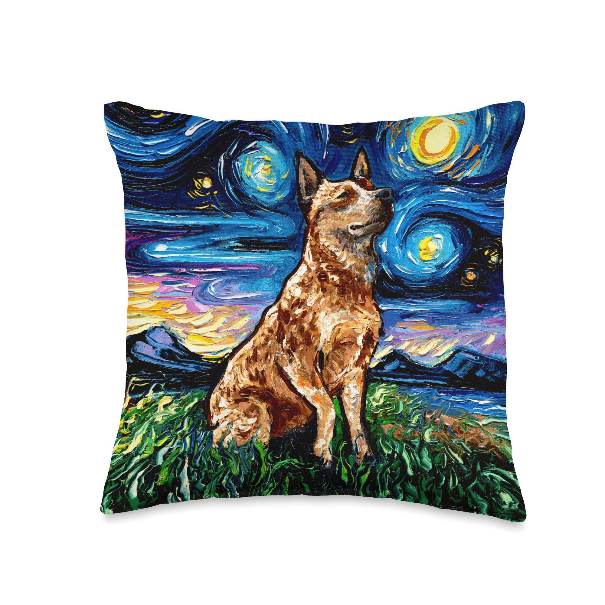 Red Heeler Starry Night Impressionist Cattle Dog Art by Aja Throw Pillow