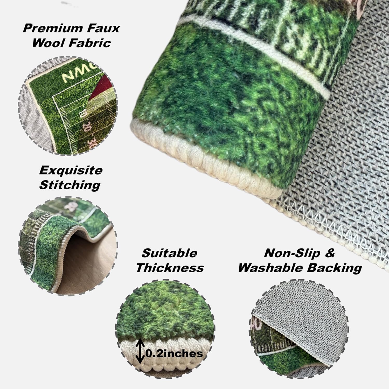 Football Field Rug, 5x7 Feet, Ultra Soft Faux Wool Area Rug for Boys Bedroom, Non-Slip Washable Sports Carpet for Game Room, Kid and Pet Friendly Living Room Rug