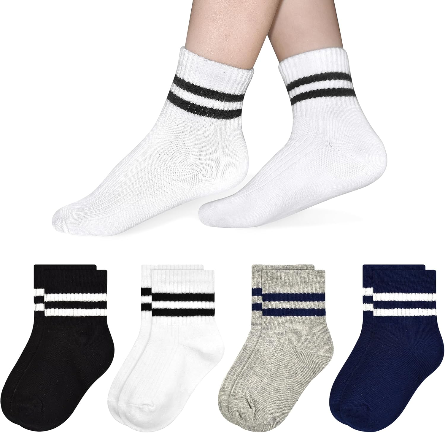 Toddler Kids Socks, 4 Pairs Crew Athletic Cotton Soft Stripe Socks for Boys Girls Children 1-12 Years - Image 2