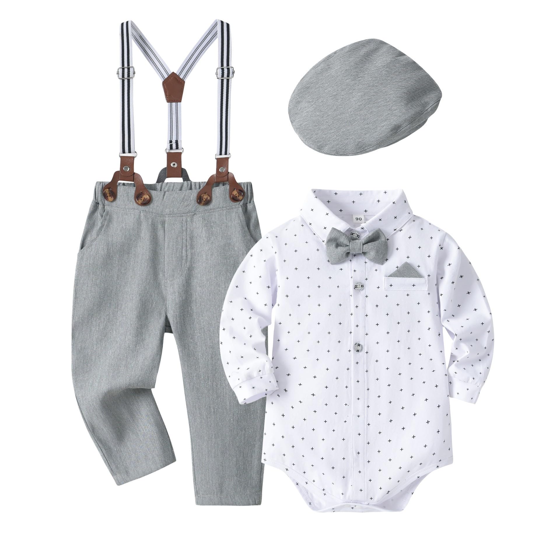 VolunboyBaby Boys Gentleman Suit, Formal Bow Tie Romper + Suspenders Pants + Beret Hat 5PCS Outfit