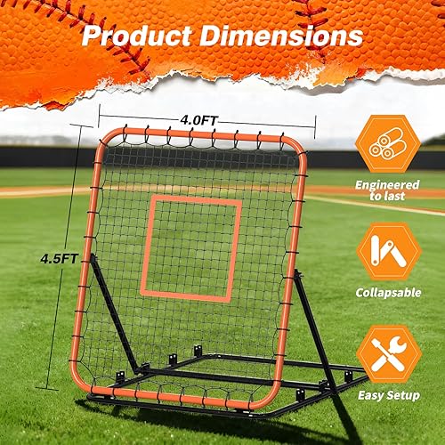 Miniatura 4 de Red de rebote de béisbol, entrenador portátil de rebote para béisbol y sóftbol con 4 ángulos de retorno ajustables, herramienta de práctica de 4 x