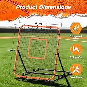 Baseball Rebounder Net, Portable Bounce Back Trainer for Baseball & Softball with 4 Adjustable Return Angles, 4 x 4.5 ft Practice Tool for All Skill Levels