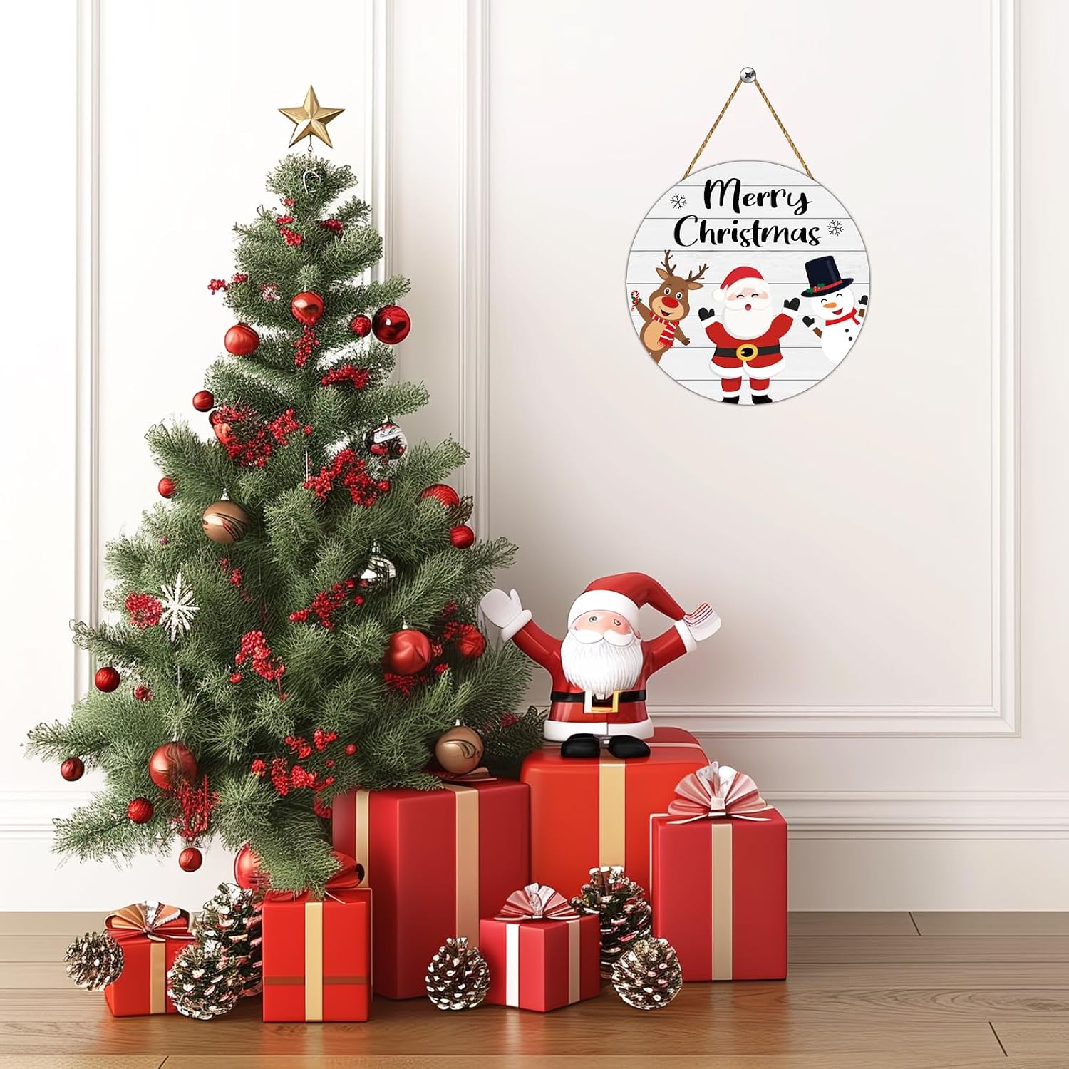 Christmas Door Decorations Merry Christmas Sign Wall Decor Cute Santa Claus Reindeer Snowman Decor Wooden Front Door Hanger Hanging Sign Wreath for Wall Indoor Home Decorations