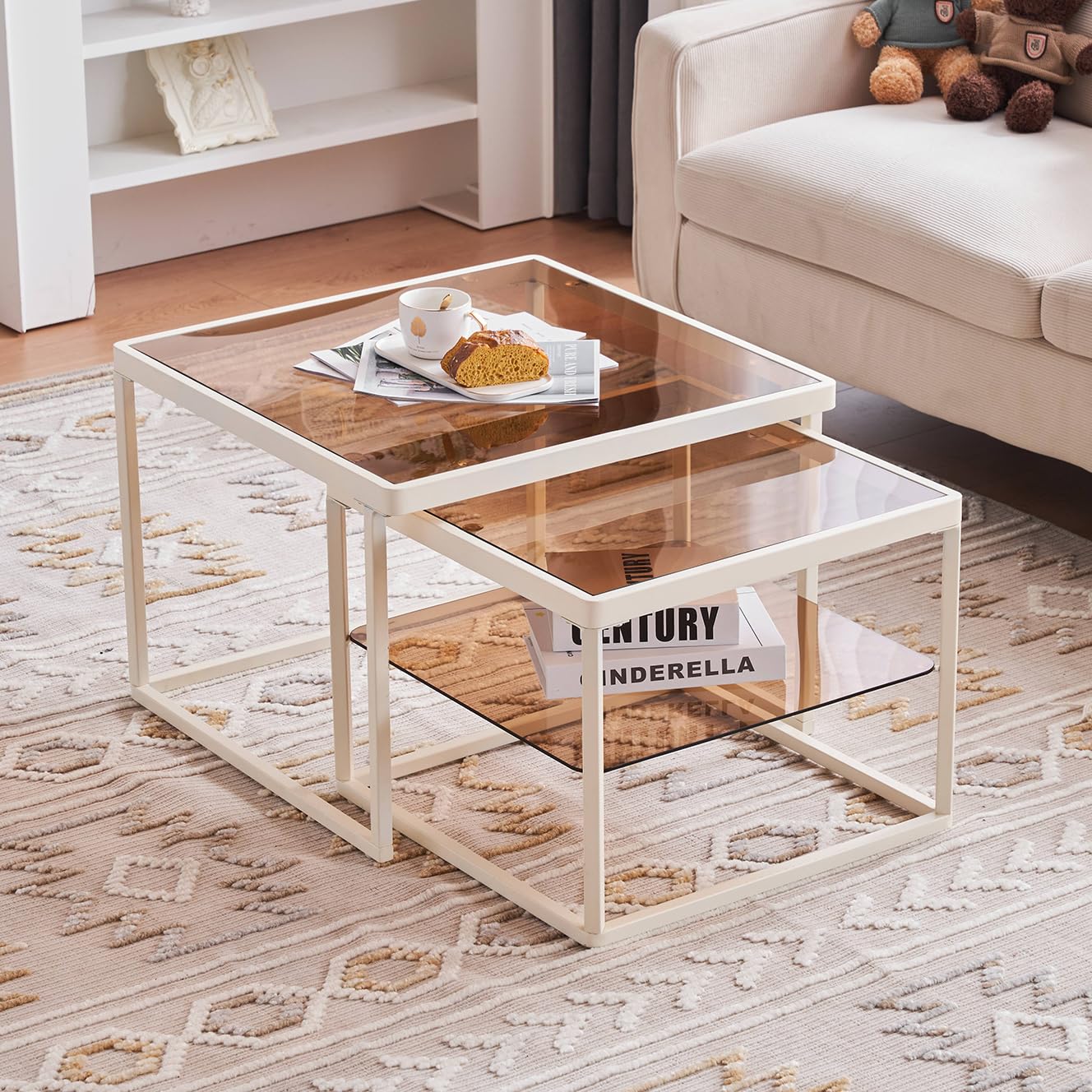 Amazon.co.jp: Simpolu ガラステーブル 収納付き ローテーブル 茶色  