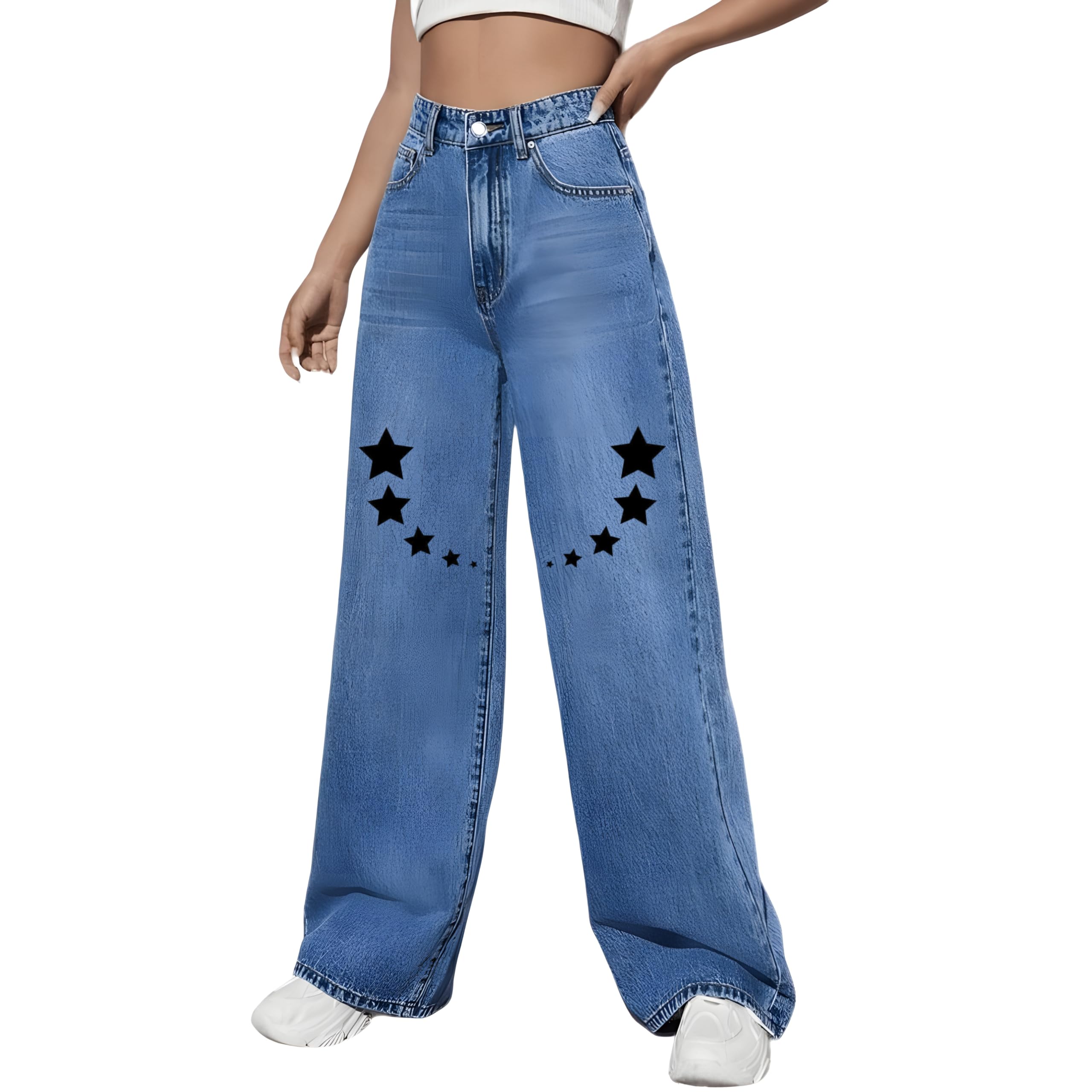 Women's Casual Loose High Waist Star Printed Straight Wide Leg Jeans
