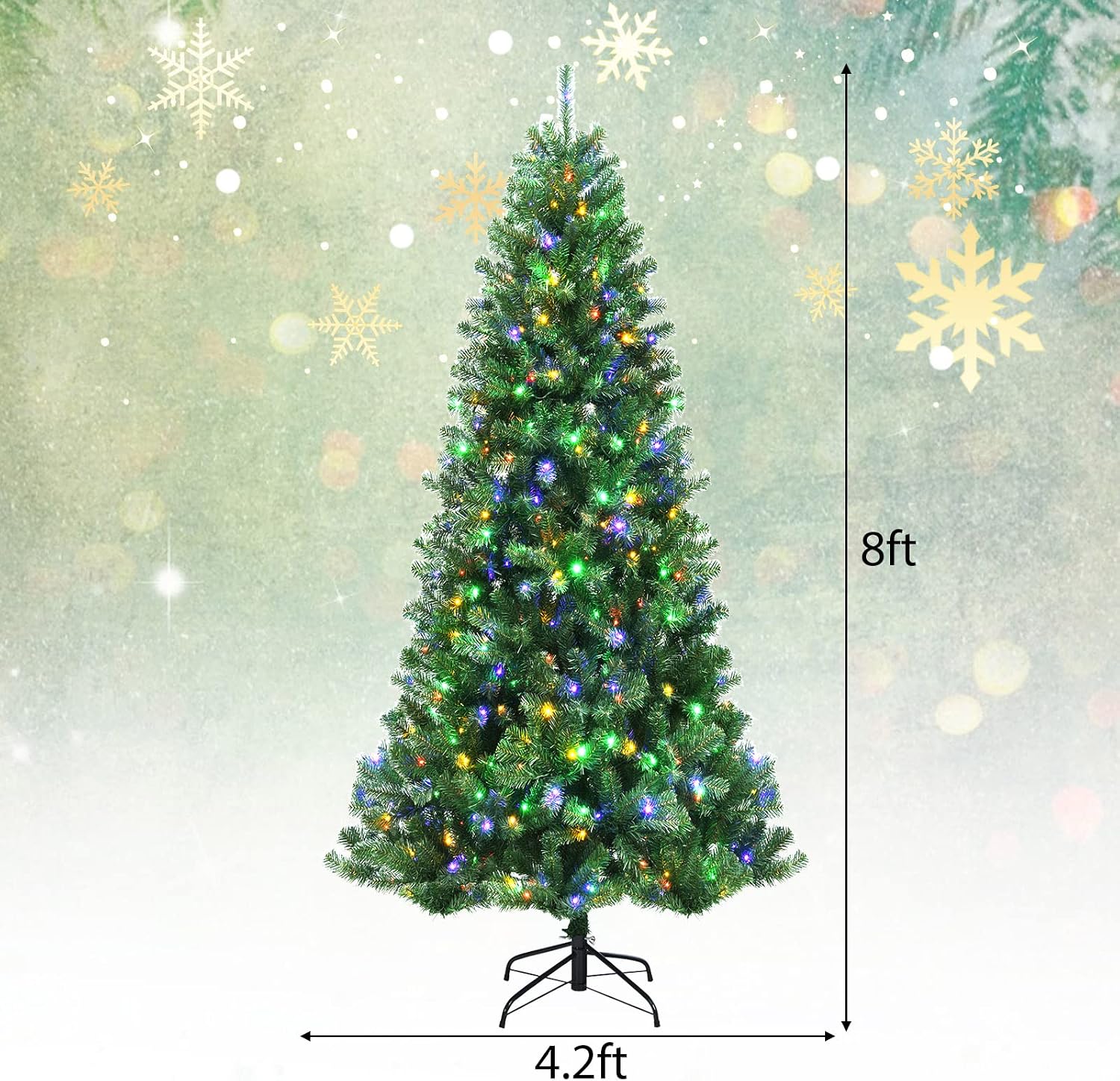 DORTALA Pre-lit Christmas Tree, 8 FT Artificial Xmas Tree with Remote Control, 600 Color-Changing LED Lights, 1605 Branch Tips, 9 Lighting Modes, Folding Metal Stand, Green
