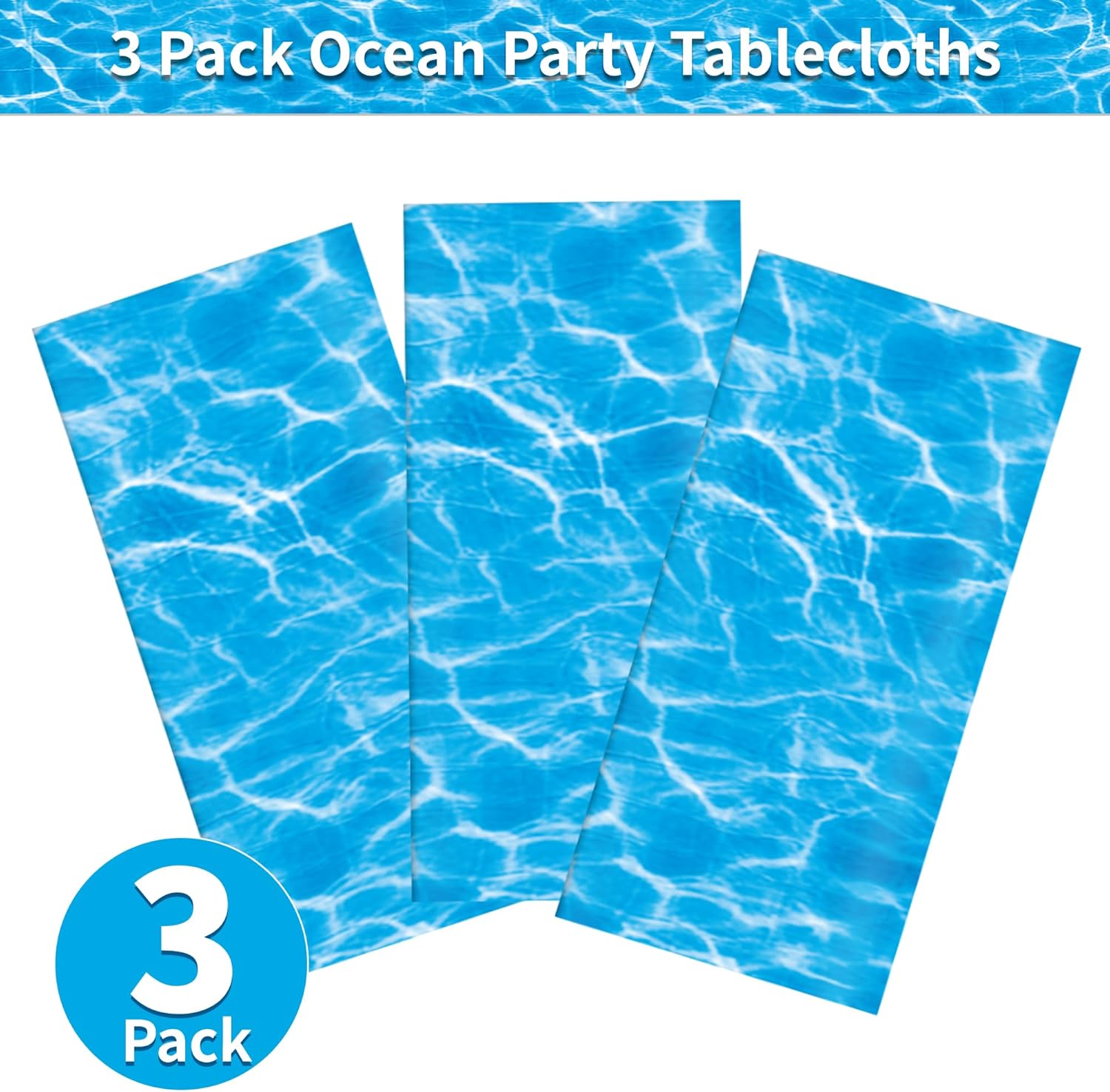 3PCS Ocean Waves Plastic Tablecloth Ocean Party Table Cover Water Print Table Cover Ocean Under The Sea Tablecloth Blue for Beach Pool Birthday Party Decoration Shower Supplies, 54 x 108 Inch