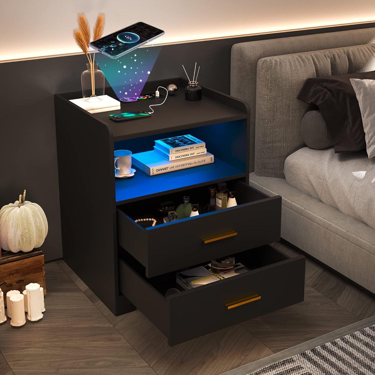 dnbss Black LED Nightstand with Charging Station, Night