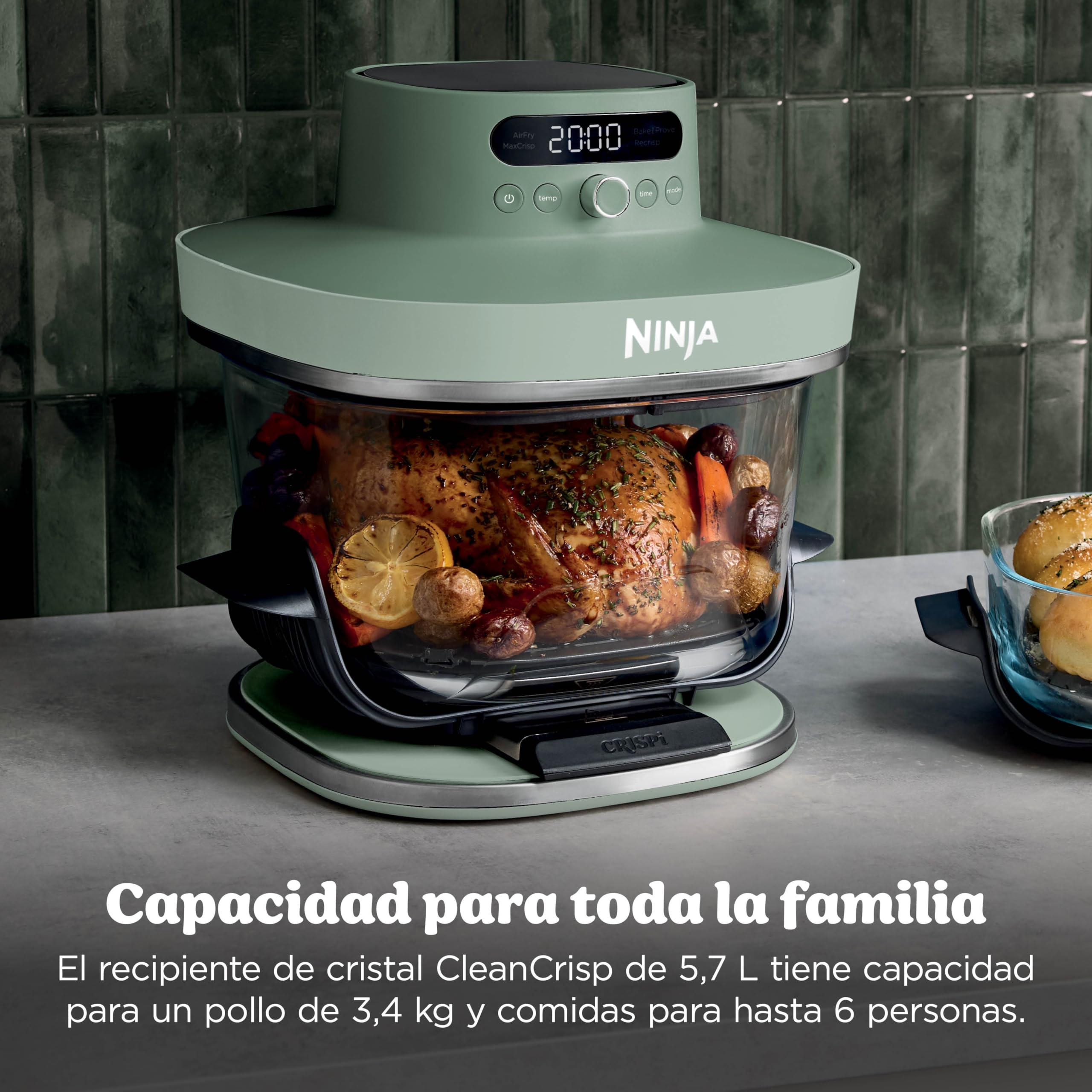 Ninja CRISPi PRO XL Glas-Heißluftfritteuse (Air-Fryer), 5 voreingestellte Zubereitungsfunktionen, CleanCrisp-Glasbehälter (5,7 l und 2,3 l) und Aufbewahrungsdeckel, Moosgrün AS090EUGN