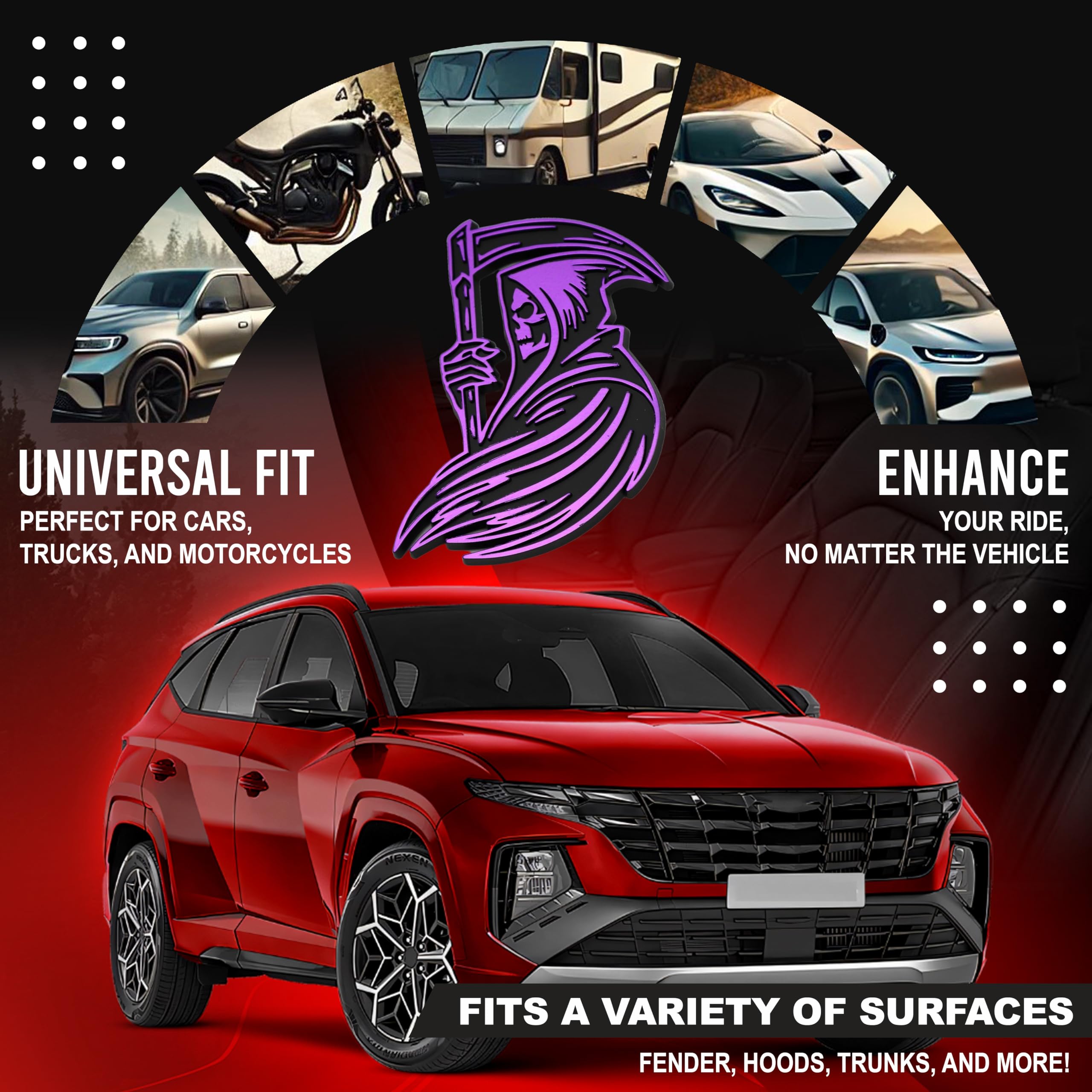 Emblema de la Parca, calcomanía 3D personalizada para automóvil, duradero, resistente a la intemperie, para el exterior del maletero, para coche, camión, SUV (juego de 2) (morado)