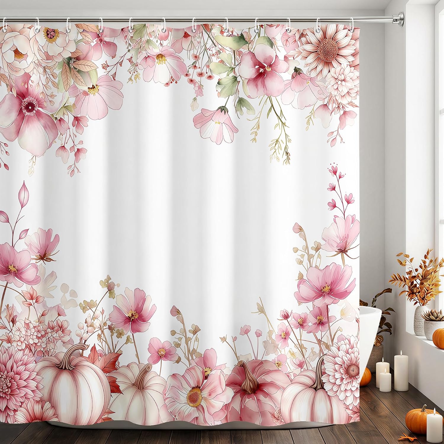 APROPHIC Fall Pumpkin Floral Shower Curtain Waterproof Quick Dry 72x72 in