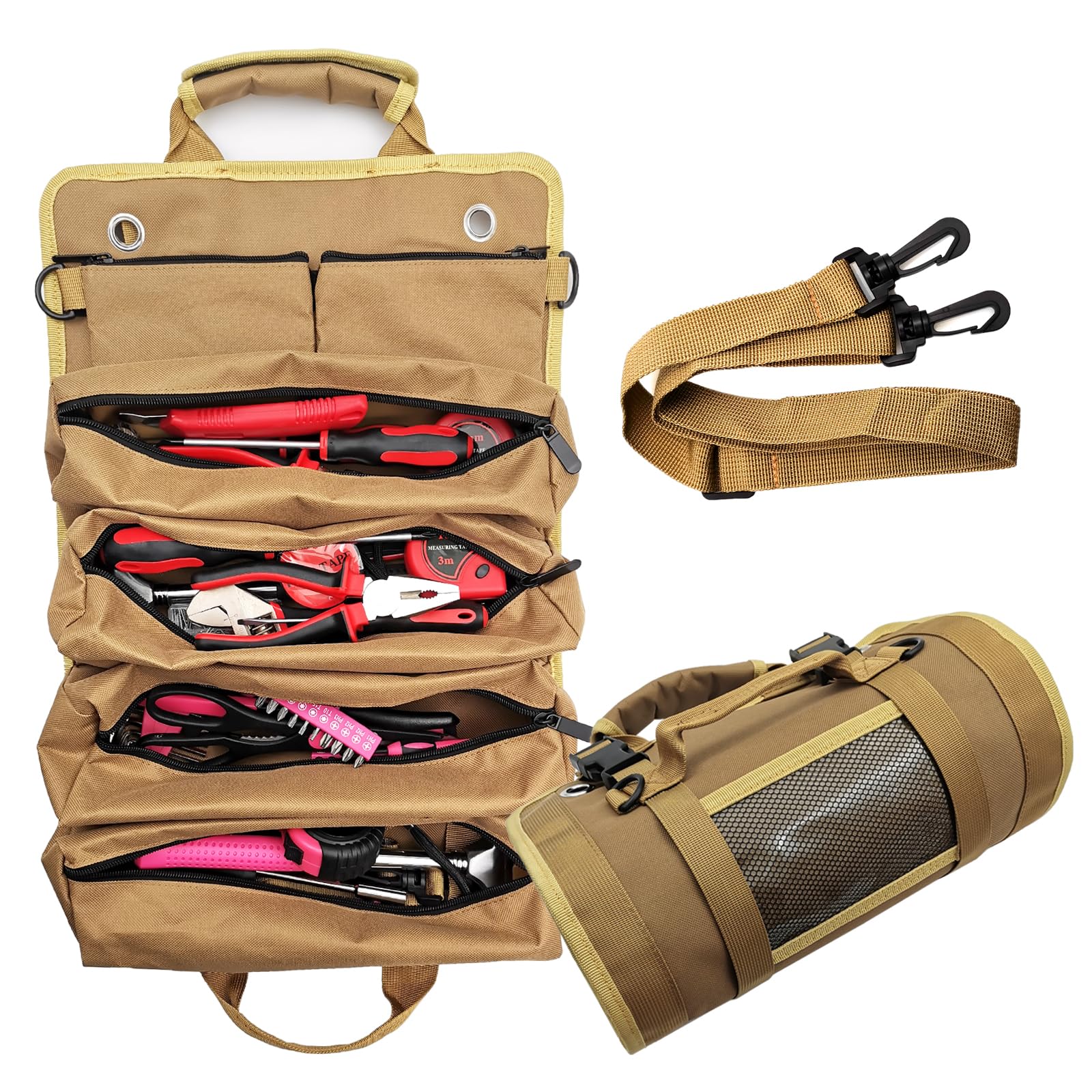 Sac à outils enroulable robuste avec 6 pochettes pour rangement et transport