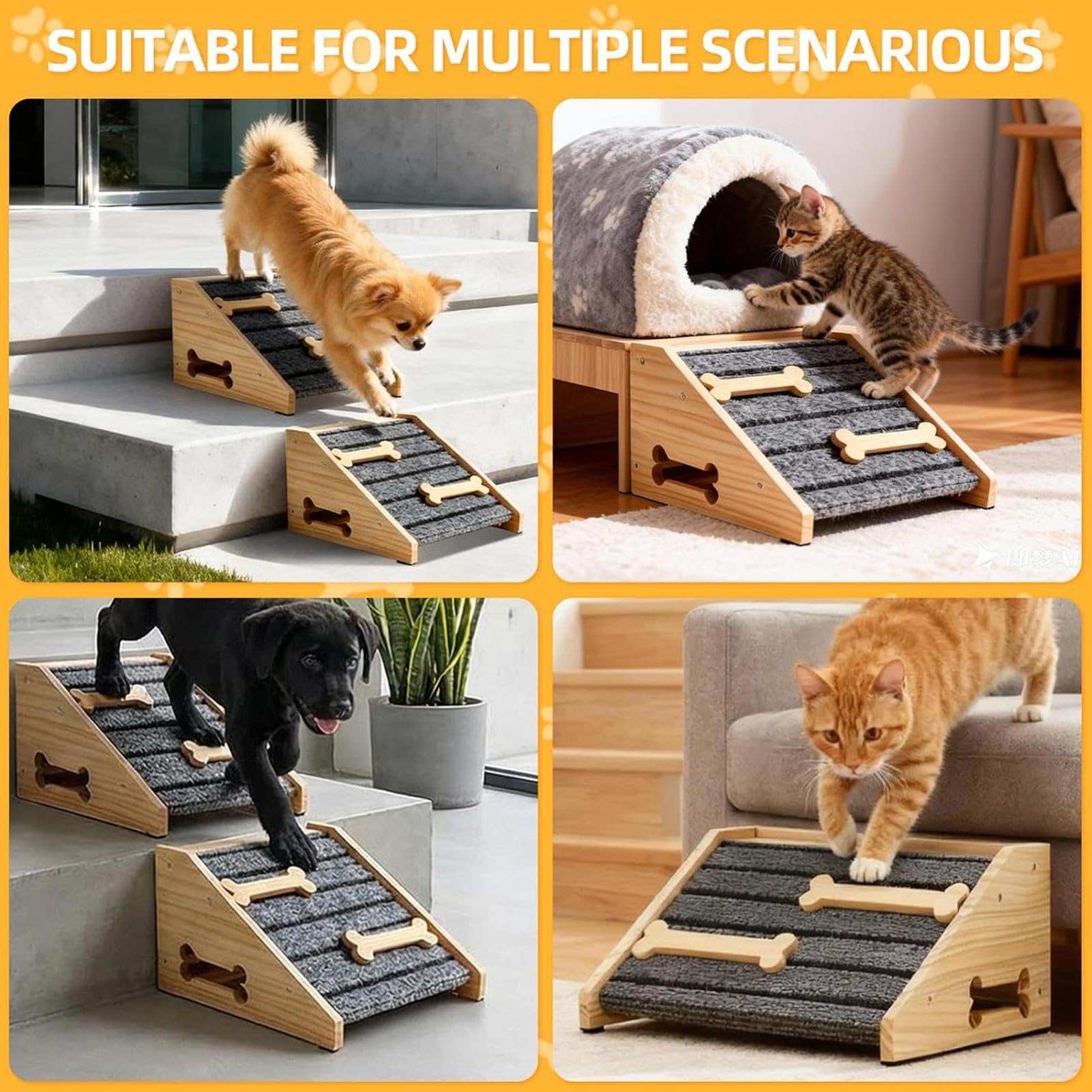 Cuñas de Escaleras para Perros 2 Cuñas de Madera Antideslizantes con | Rampa para perros en escalón de porche para Mascotas Mayores Patas Cortas Interior y Exterior