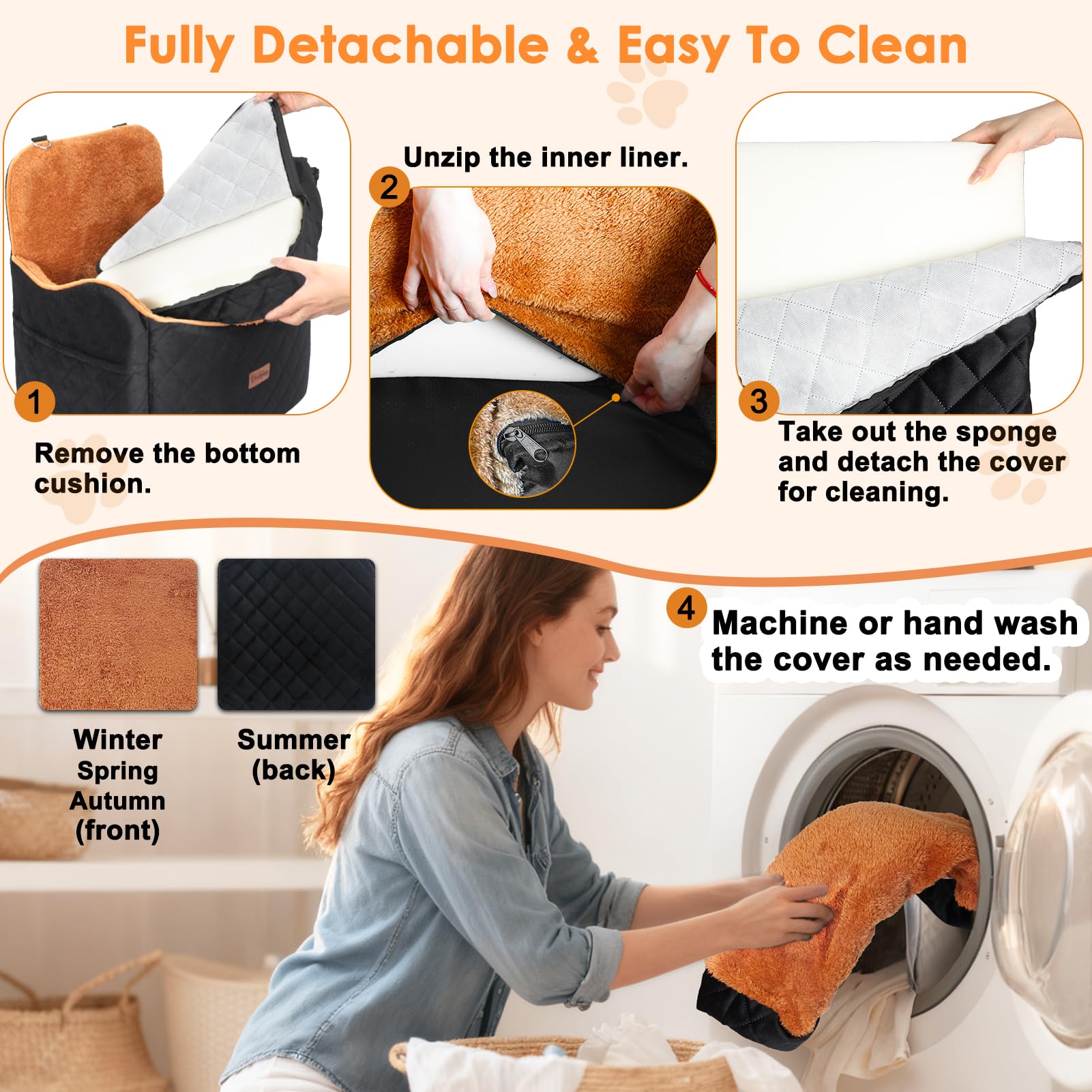 Vivifying Dog Car Seat for Small and Medium Dogs, 4" Booster Pet Car Seat with Safety Strap, Plush Travel Dog Bed for Car with Storage Pocket, Detachable Washable Cover, Fits Dogs up to 35lbs (Black) - image 4