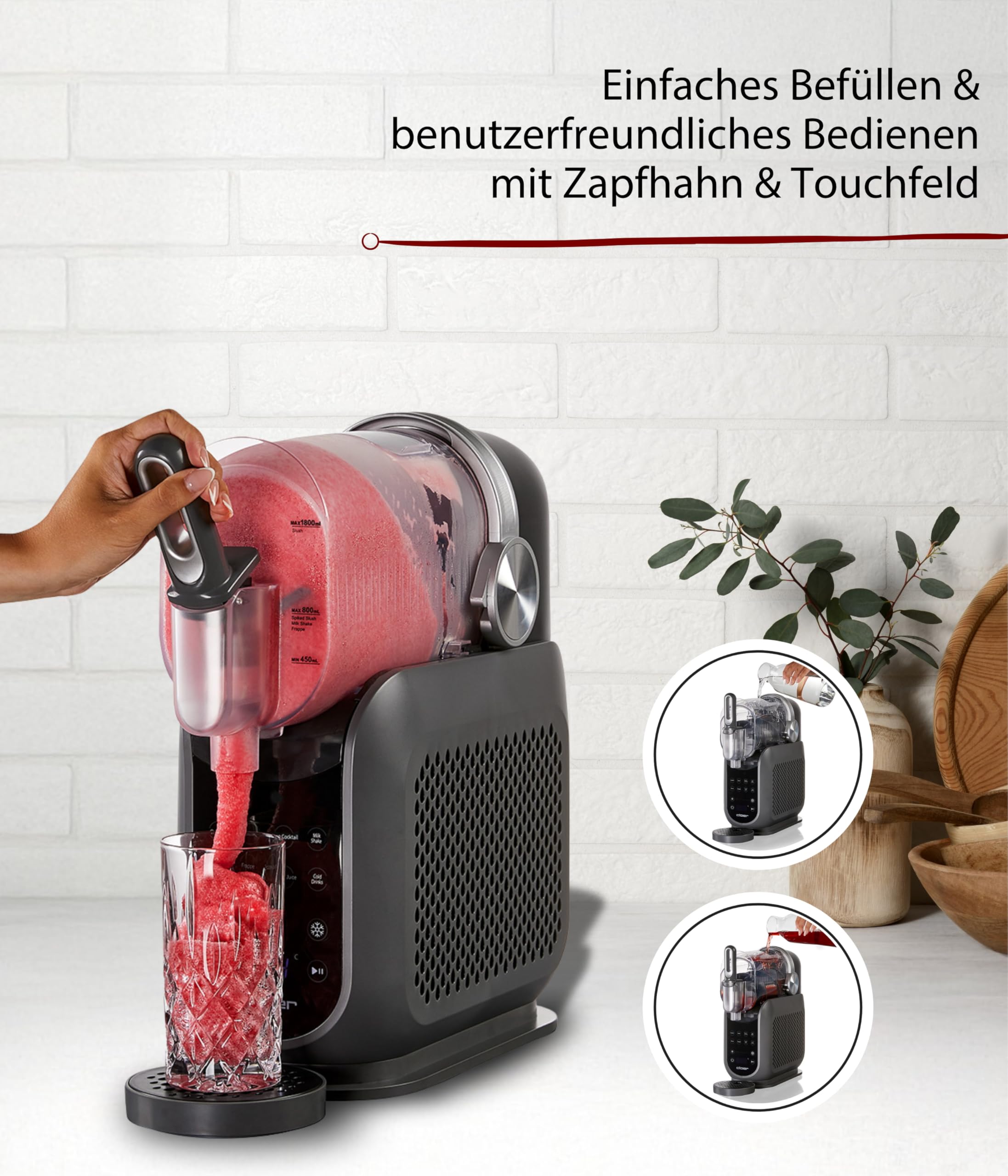 Cloer 9960 Slush Eis Maschine mit 2,5 l Volumen, 6 Programmen und 12h Kühldauer, Küchenmaschine mit Touch-Bedienung für Slush Ice, Frozen Cocktails, Milchshake, Frozen Juice & Cold Drinks, 200 W