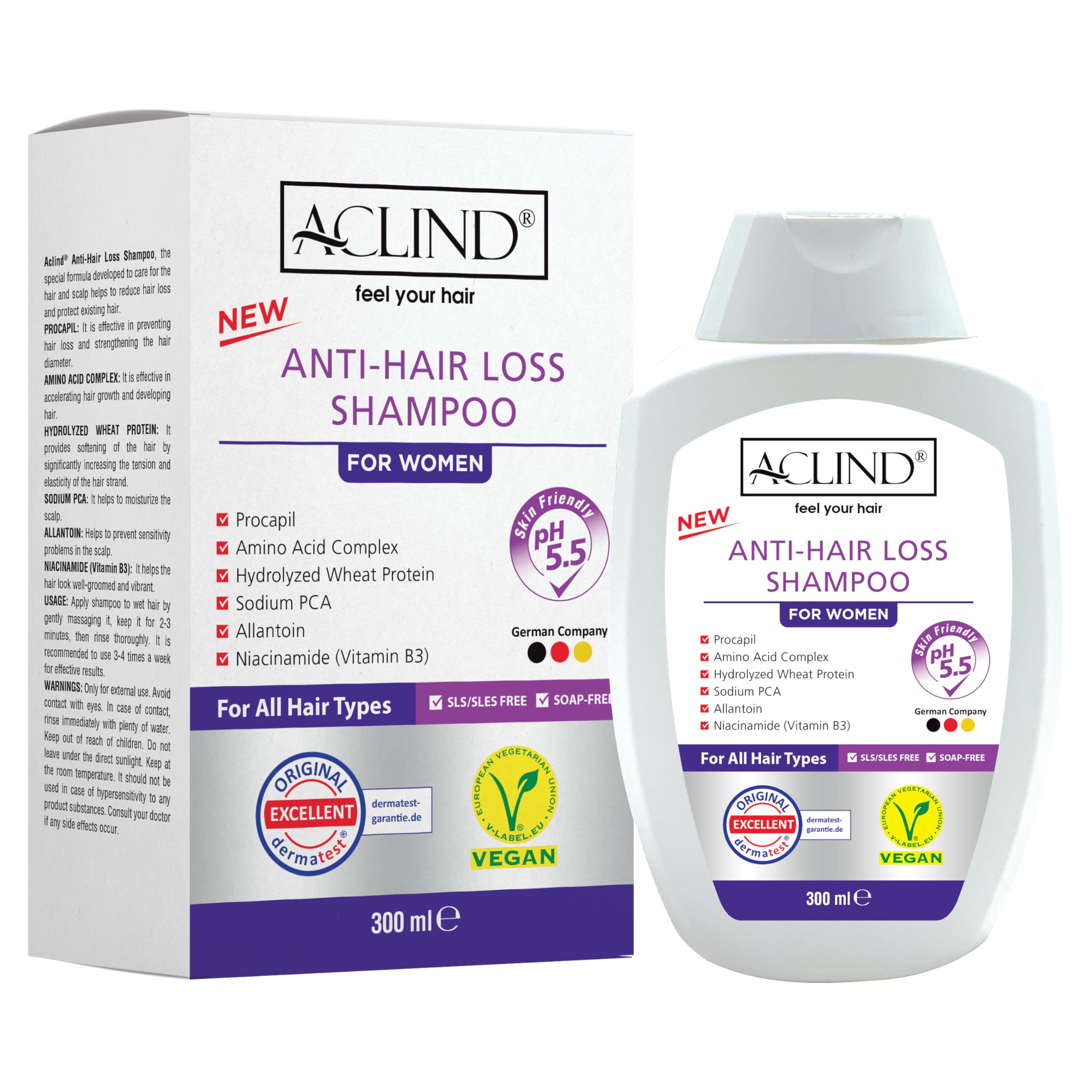 Aclind Anti-Hair Loss Shampoo Women Vegan 300 ml Anti Hair Loss Shampoo Promotes Hair Growth and Activates Hair Root Against Hair Loss For All Hair Types Dermatologically Tested