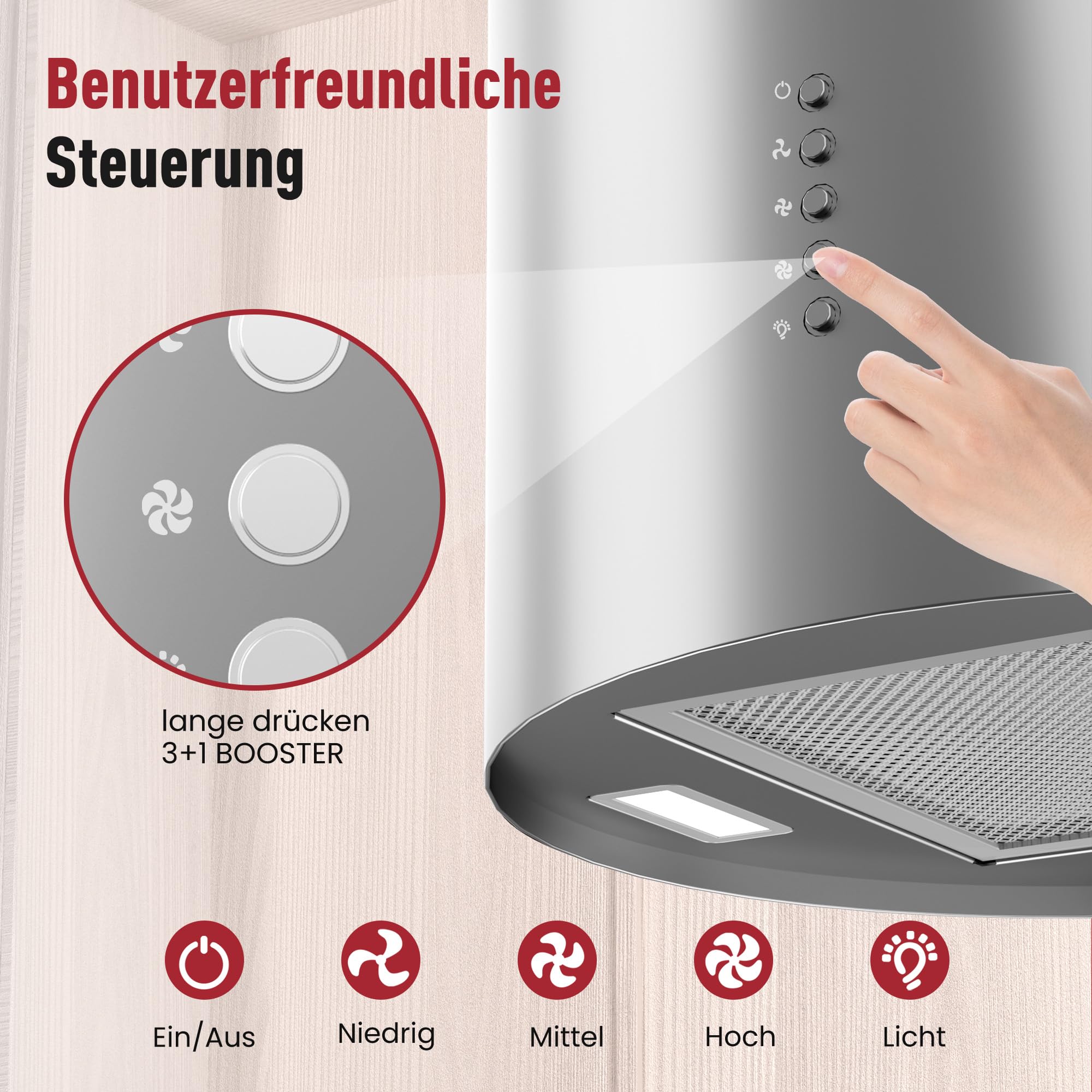 LEVIVO A+ Inselhaube Umluft Freihängend 530 m³/h Dunstabzugshaube 2 Aktivkohlefilter 1 Fettfilter 3 Stufen Booster 2 LEDs Silber