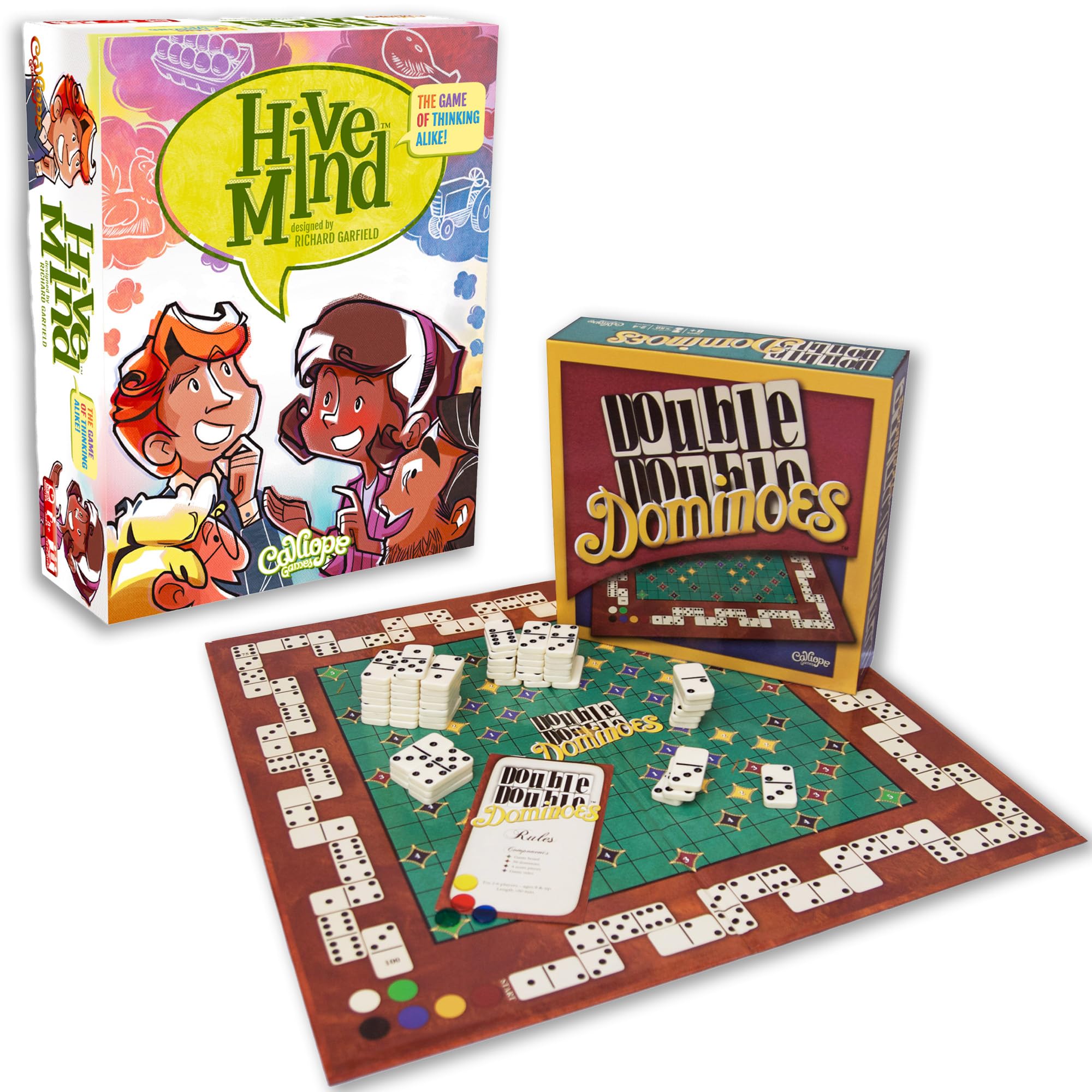 Calliope Games Hive Mind Family Fun Game find Out How Well You Think Alike + Double Double Dominoes Game with Board, Enjoy This Variation of Mexican Train Game with a Twist
