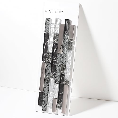 Elephantile Azulejo de pared de mosaico lineal de galaxia blanca y negra para baño de cocina muestra 4 x 12 pulgadas