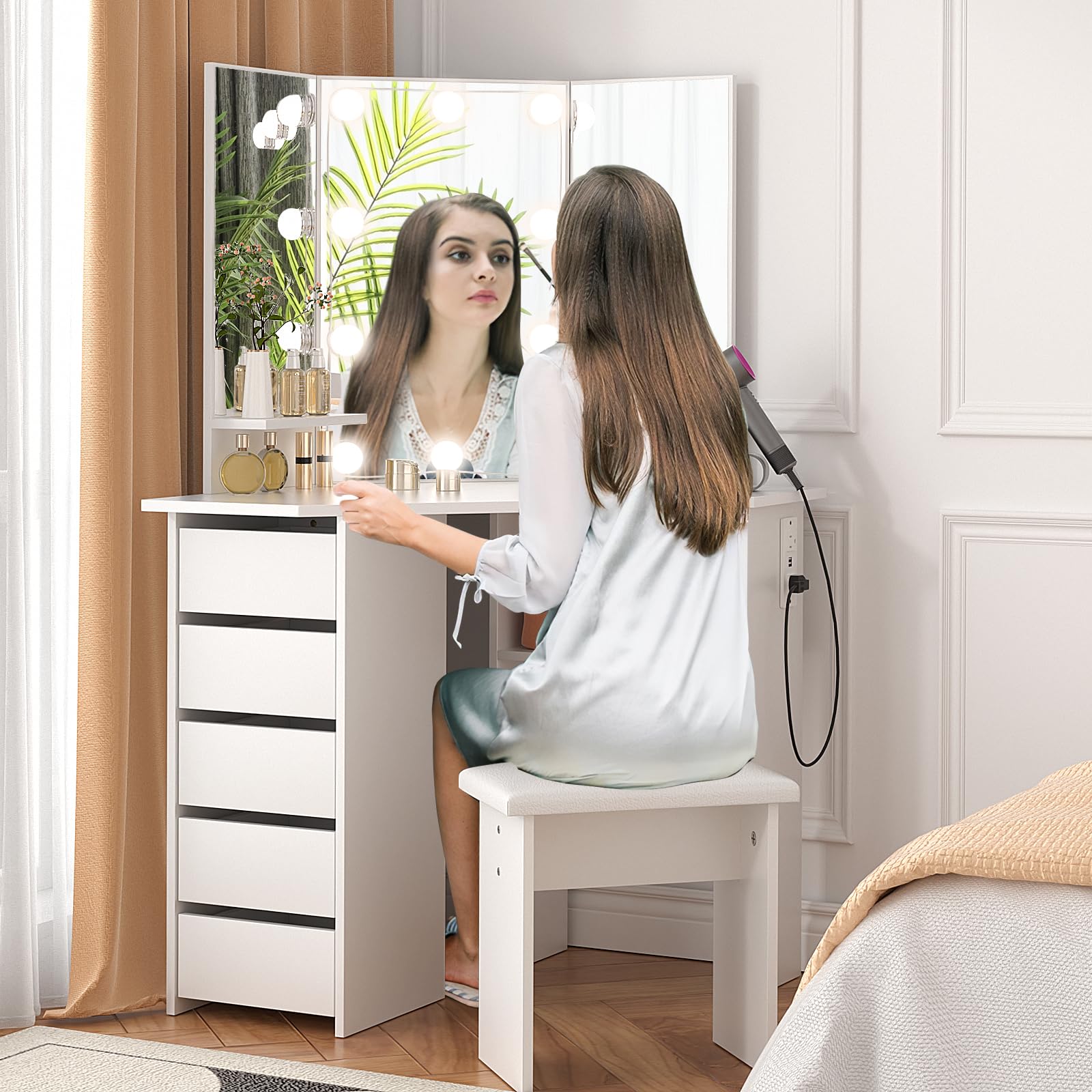 VOWNER Vanity with Lights - Makeup Vanity Desk with Power Outlet, 3 Color Lighting Options Brightness Adjustable, Vanity Table with 5 Sliding Drawers, Shelves and Stool for Bedroom, White