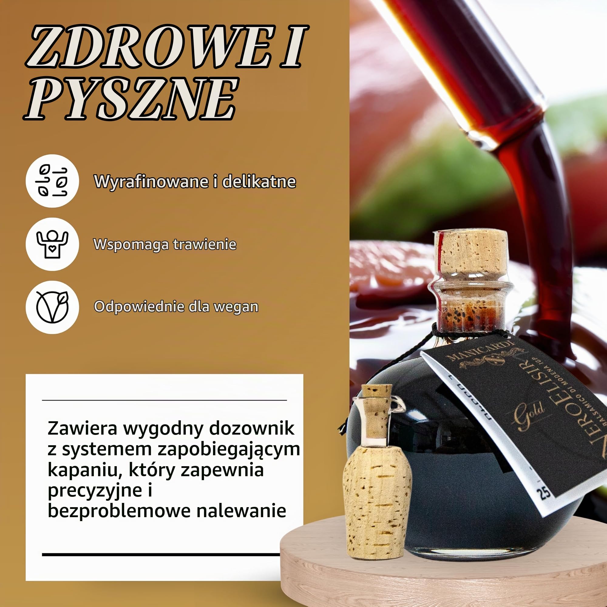 MANICARDI Ocet Balsamiczny z Modeny IGP Nero Elisir Gold- Włoski produkt z dozownikiem – Perfekcyjna Gęstość do Serów, Warzyw, Pieczonego Mięsa, Truskawek i Lodów, 250 ml