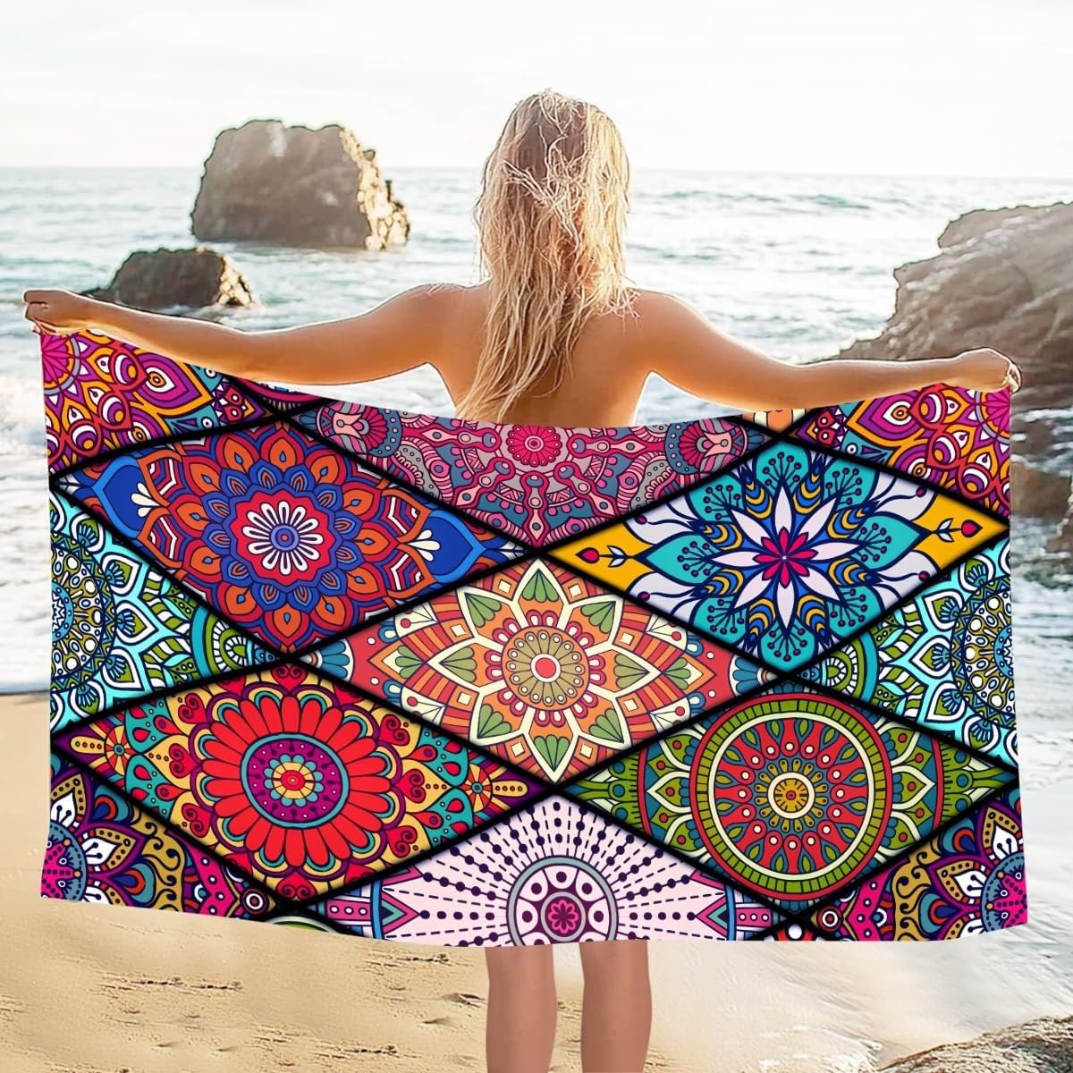 YZQGLHP Indian Ethnic Style Microfibre Beach Towel Sun God Beach Bath Towel Quick Drying, Lightweight, Sand-Free, Durable, for Pool, Gym, Camping, Travel Towel 70x130cm