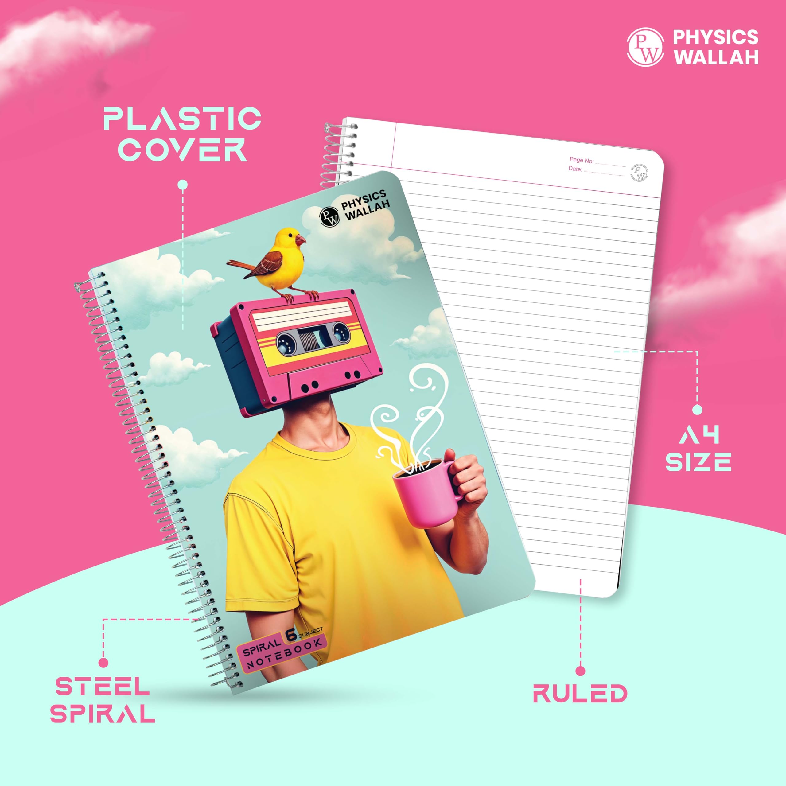 Physics Wallah - Set di 3 quaderni a spirale formato A4, 300 pagine, 6 soggetti, a righe, per studenti e ufficio, copertina in plastica, per scrivere e prendere appunti