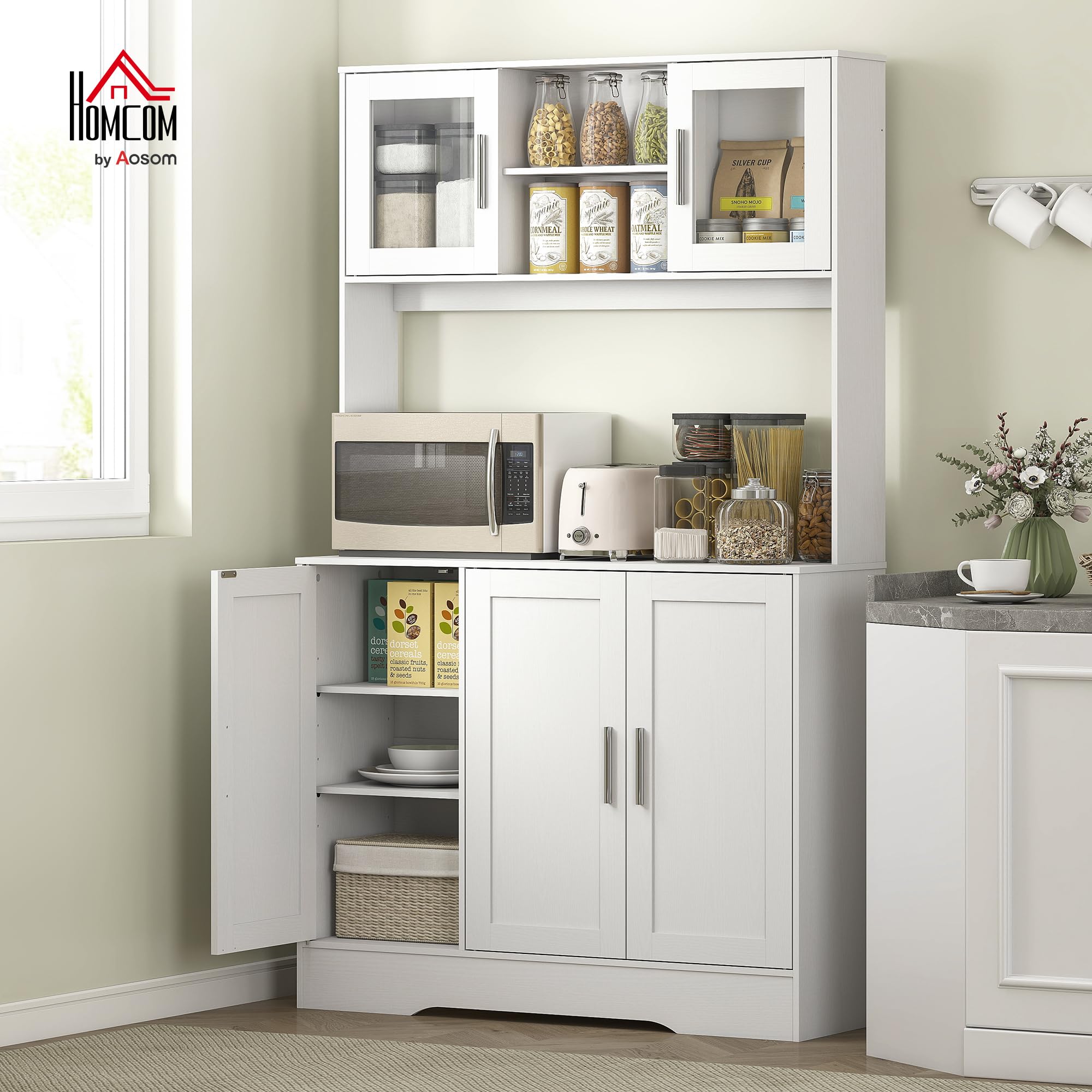 HOMCOM Alacena de Cocina, Mueble Auxiliar de Cocina con 2 Puertas de Vidrio, Encimera Amplia para Microondas, Compartimentos Abiertos, Estantes Ajustables, 108x35x180 cm, Blanco