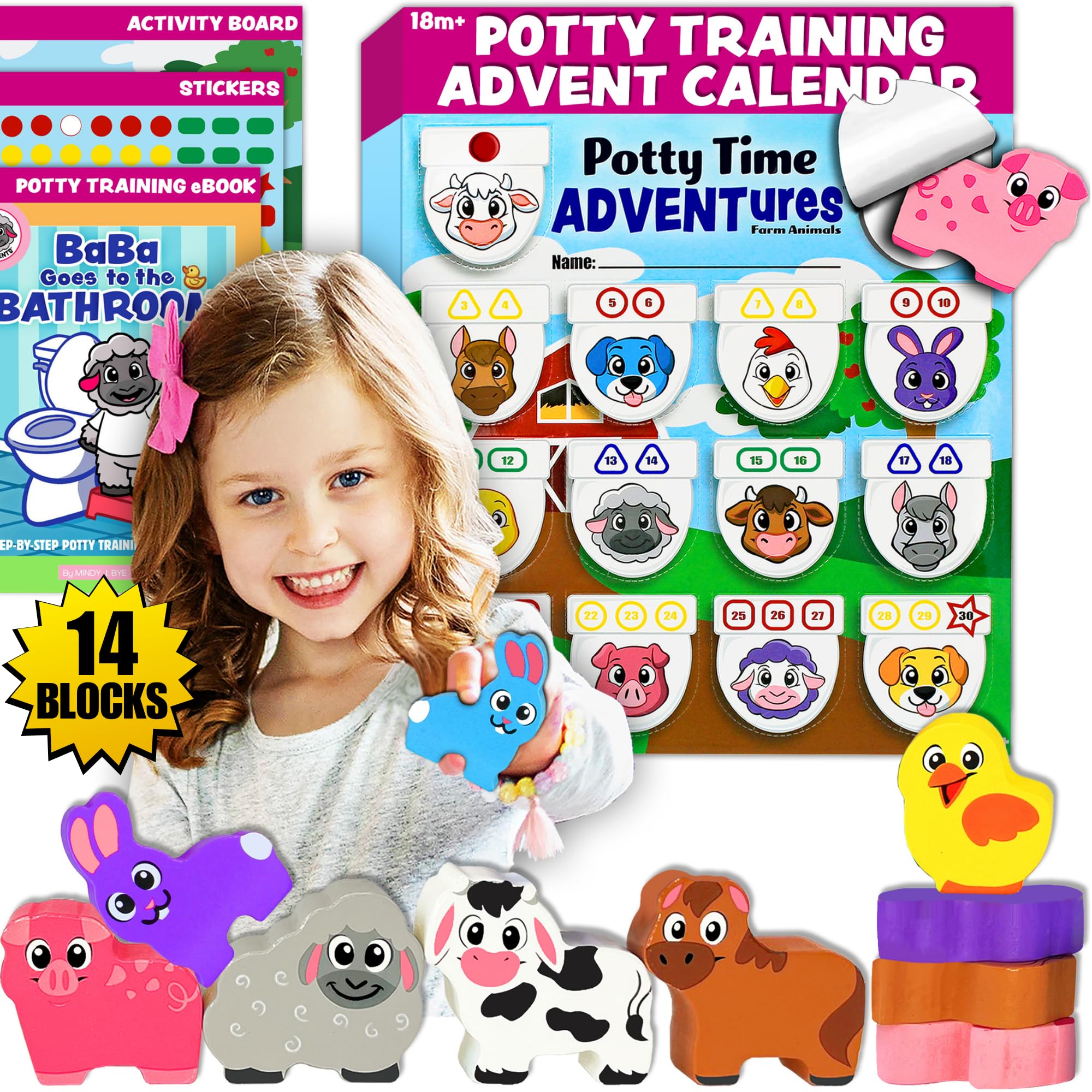 14PC Wooden Stacking Blocks Farm Animal Advent Calendar, Montessori Toddler Toys, Fine Motor Skill Development, Potty Training Chart System Behavior Rewards, LIL ADVENTS Potty Time Adventures + eBook