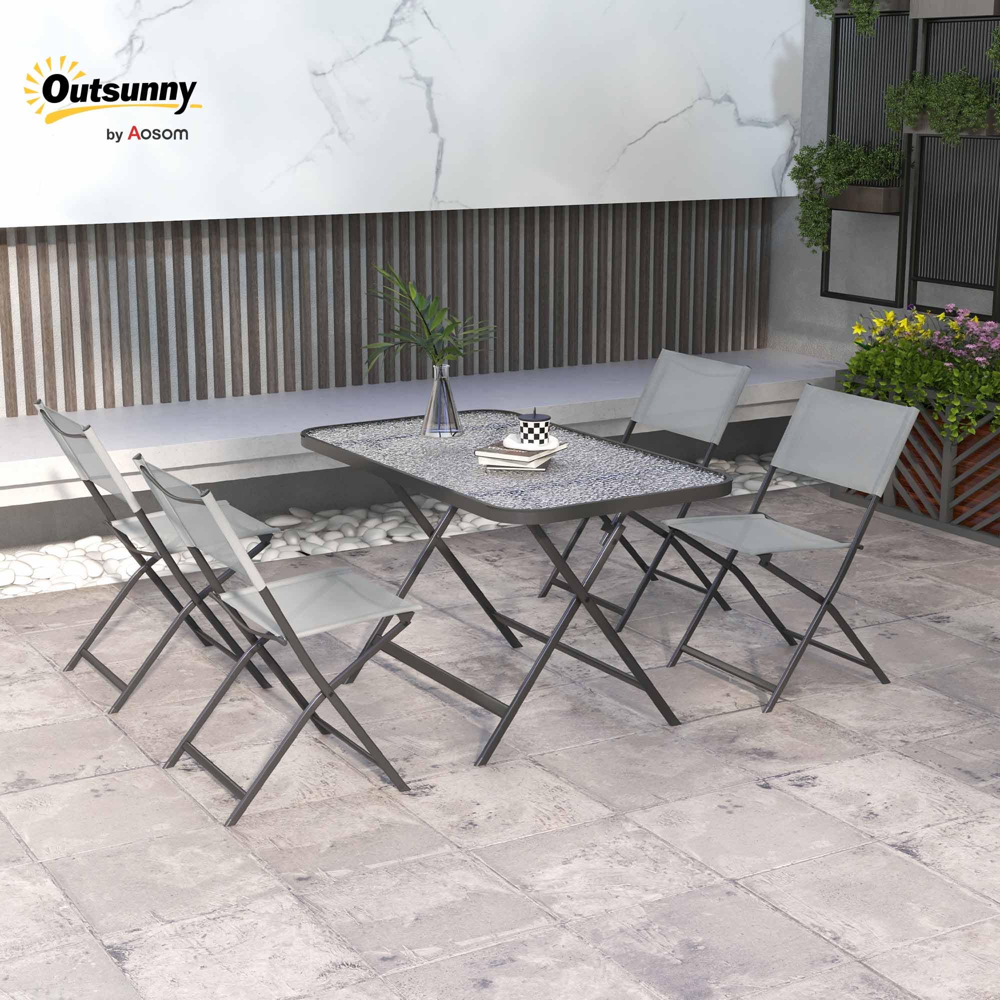 Outsunny Conjunto de Jardín Conjunto de Comedor de Exterior de 5 Piezas Incluye 1 Mesa de Vidrio Templado y 4 Sillas Plegables Estilo Moderno para Terraza Patio Gris