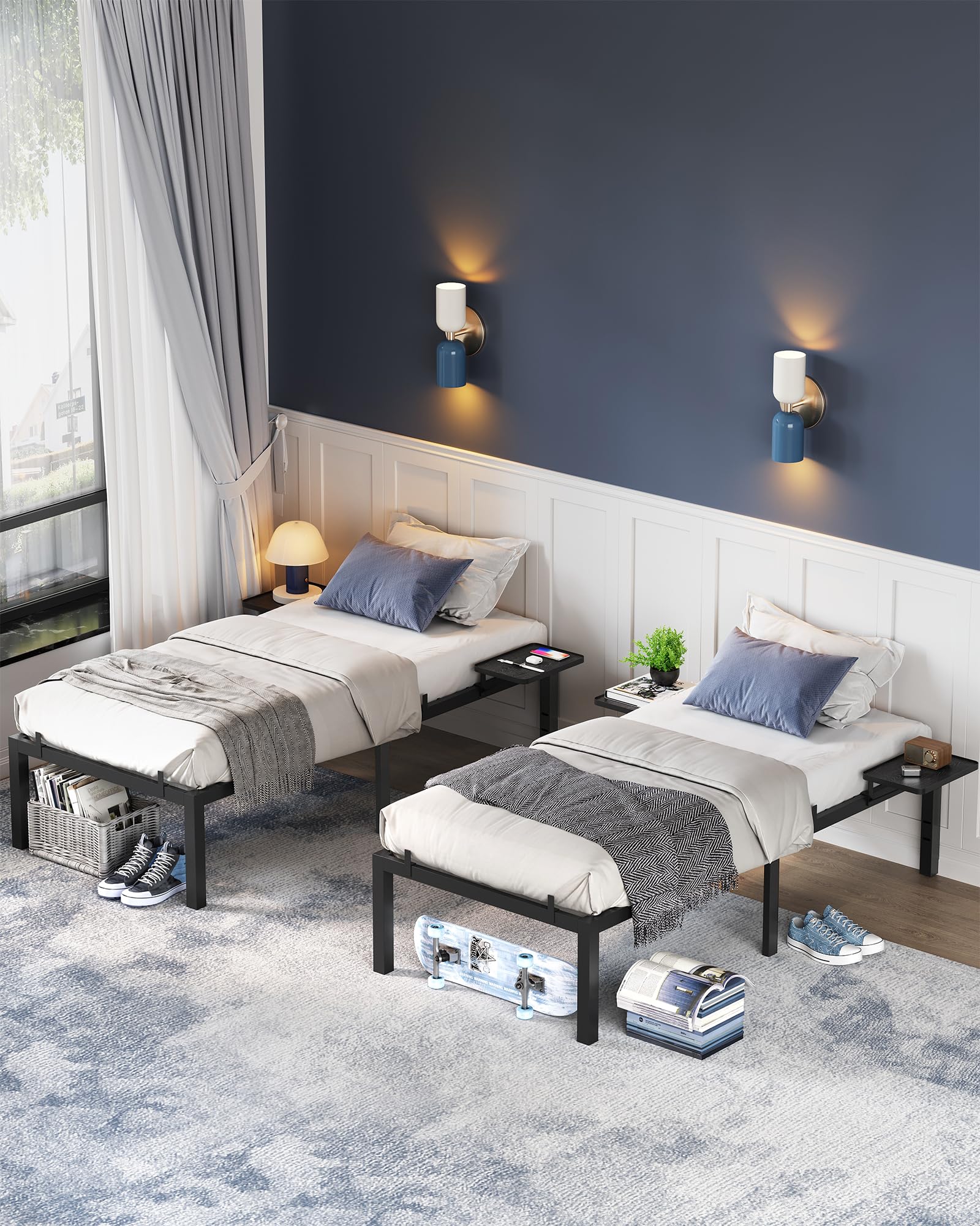 VASAGLE Struttura Letto Singolo, Telaio Letto in Metallo con Ripiani Portaoggetti, per Materassi da 90 x 190 cm, Montaggio Facile, Nero Inchiostro RMB091B01