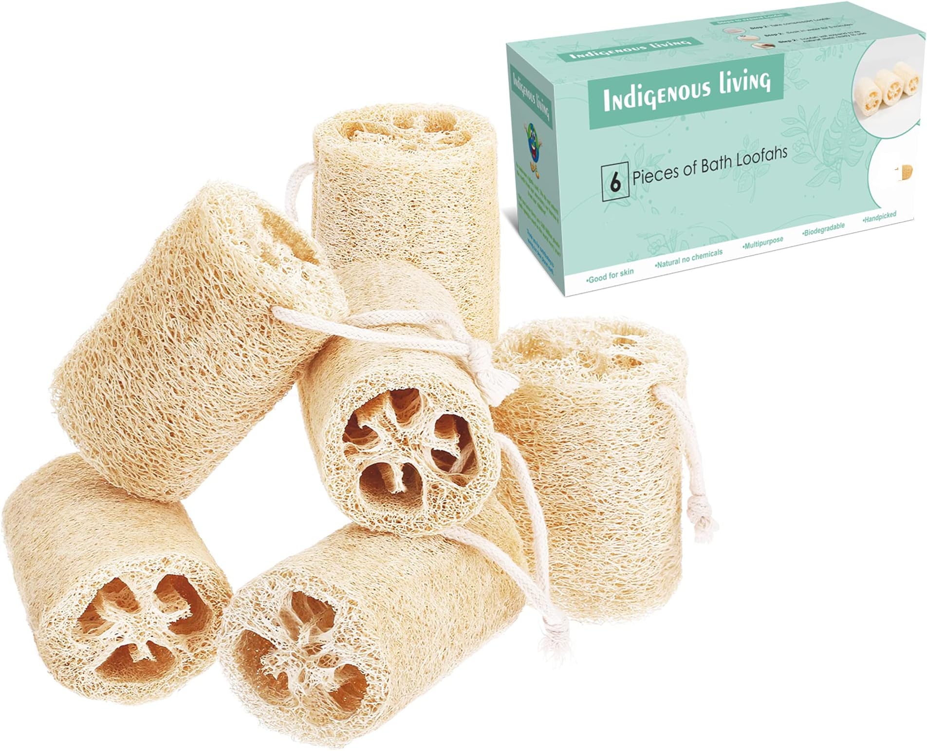 Premium Natural Eco-Friendly Shower Loofah Sponge - Large Exfoliating Body Scrubbers | Bath Sponge for Skin Care in Bath Spa Shower | For Face, Back and Body - 6 Body Scrubbers | Reusable | Great Gift