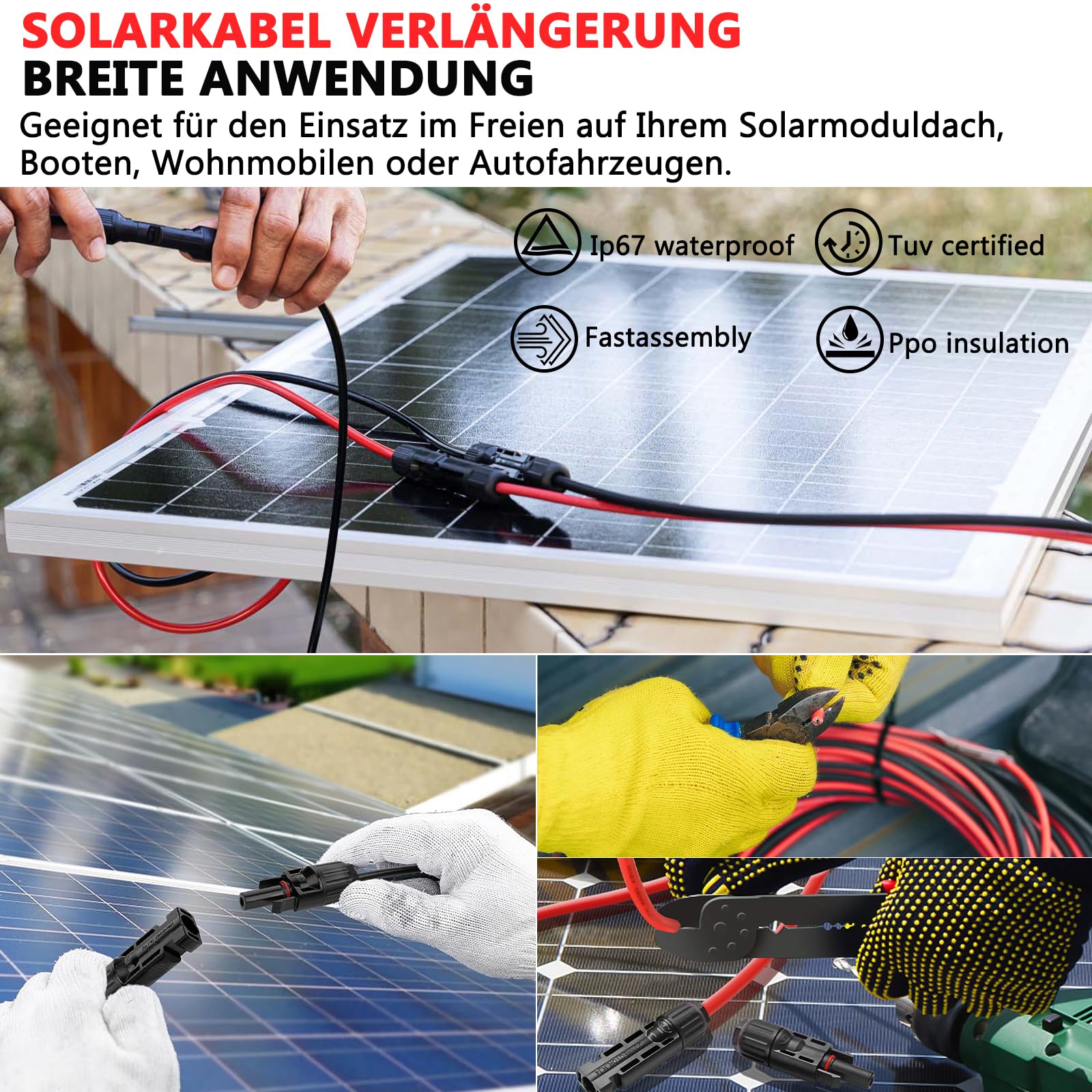 Oududianzi Solarkabel 4mm2/6mm2, Solarkabel Verlängerung 1/2/3/5/8/10/15/20/30m, Photovoltaik Kabel 20m, PV Kabel 4mm2 mit Solarstecker, Verlängerungskabel Balkonkraftwerk für Solarpanel(2x20m 4mm²)