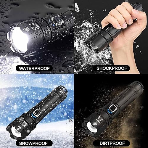 Miniatura 6 de Swanlake Paquete de 2 linternas recargables de alto lúmenes, 200000 lúmenes, linternas LED XHP70.2 USB súper brillante, funciona con pilas, potentes