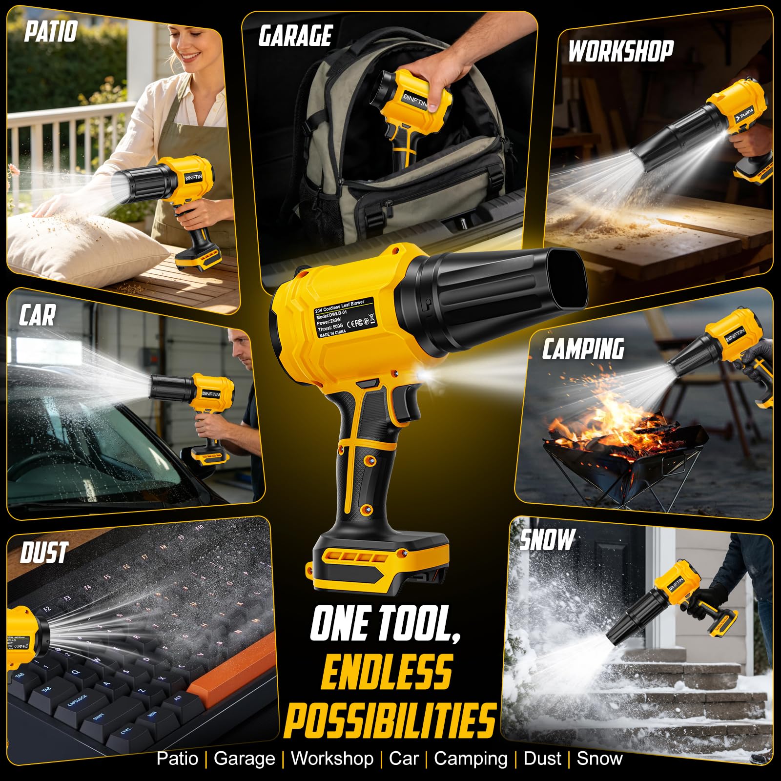 Soplador de hojas inalámbrico compatible con batería Dewalt de 20 V (sin batería), mini soplador turbo con 2 boquillas, empuje de 500 G, 30000 RPM, soplador de aire de mano para patio, garaje, secado