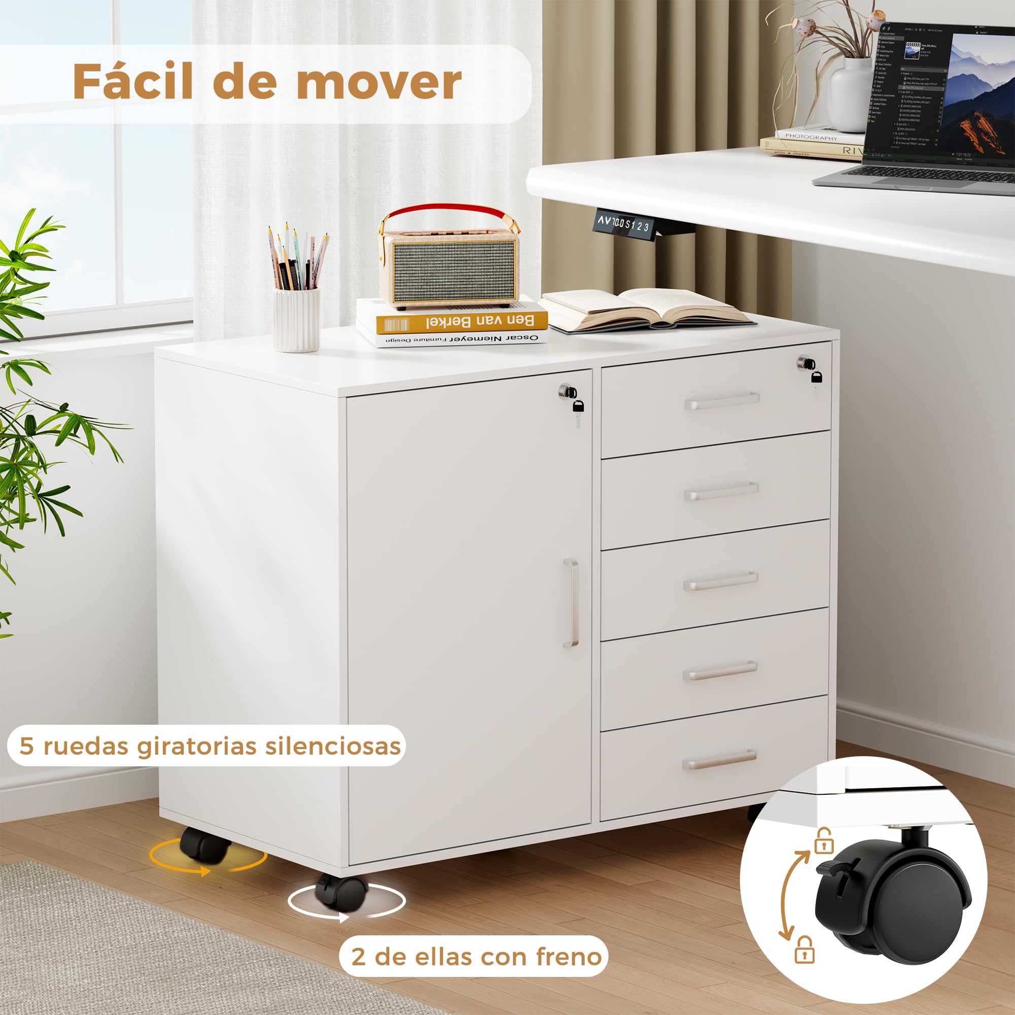 BEWISHOME Archivador MóViles con 5 Cajones Y Cerradura, Moderno Archivador MóVil con Cerradura, Cajonera Oficina, Adecuado para Oficinas Y Estudios, 78 X 40 X 65.5cm, Blanco EBWG01W