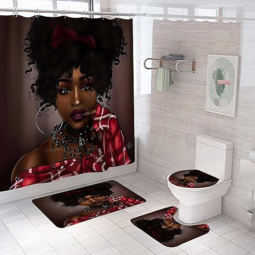 DDS-DUDES Juego de 4 cortinas de ducha negras para niñas, cortinas de ducha impermeables para mujeres afroamericanas para baño con alfombras